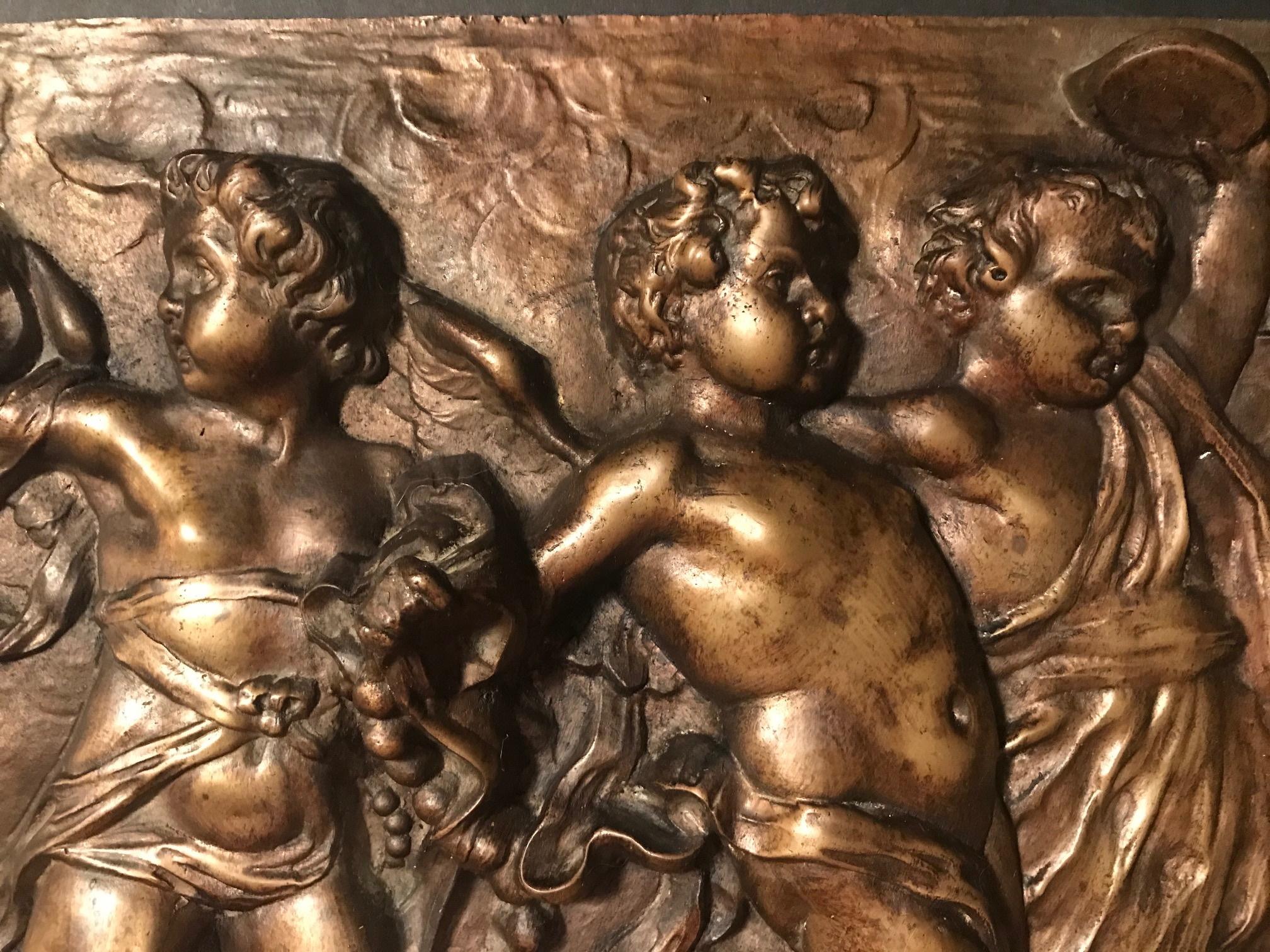 Cast Heavy French Bronze Relief Plaque of 3 Dancing Putti with Tambourines