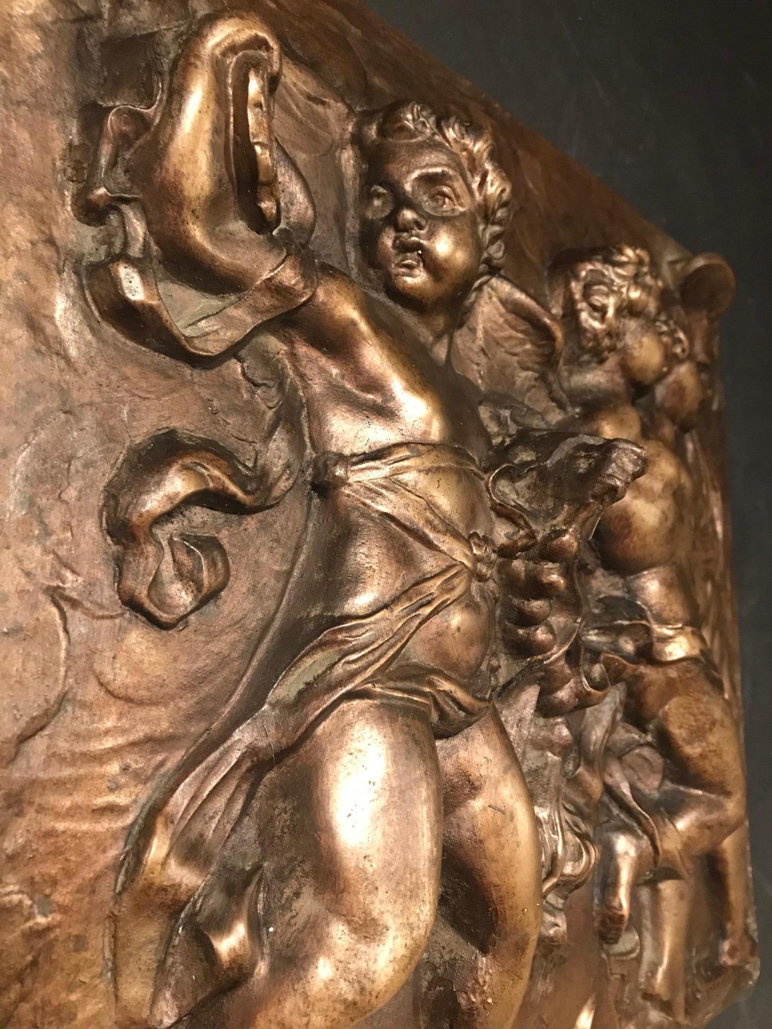 Heavy French Bronze Relief Plaque of 3 Dancing Putti with Tambourines In Good Condition In Vero Beach, FL