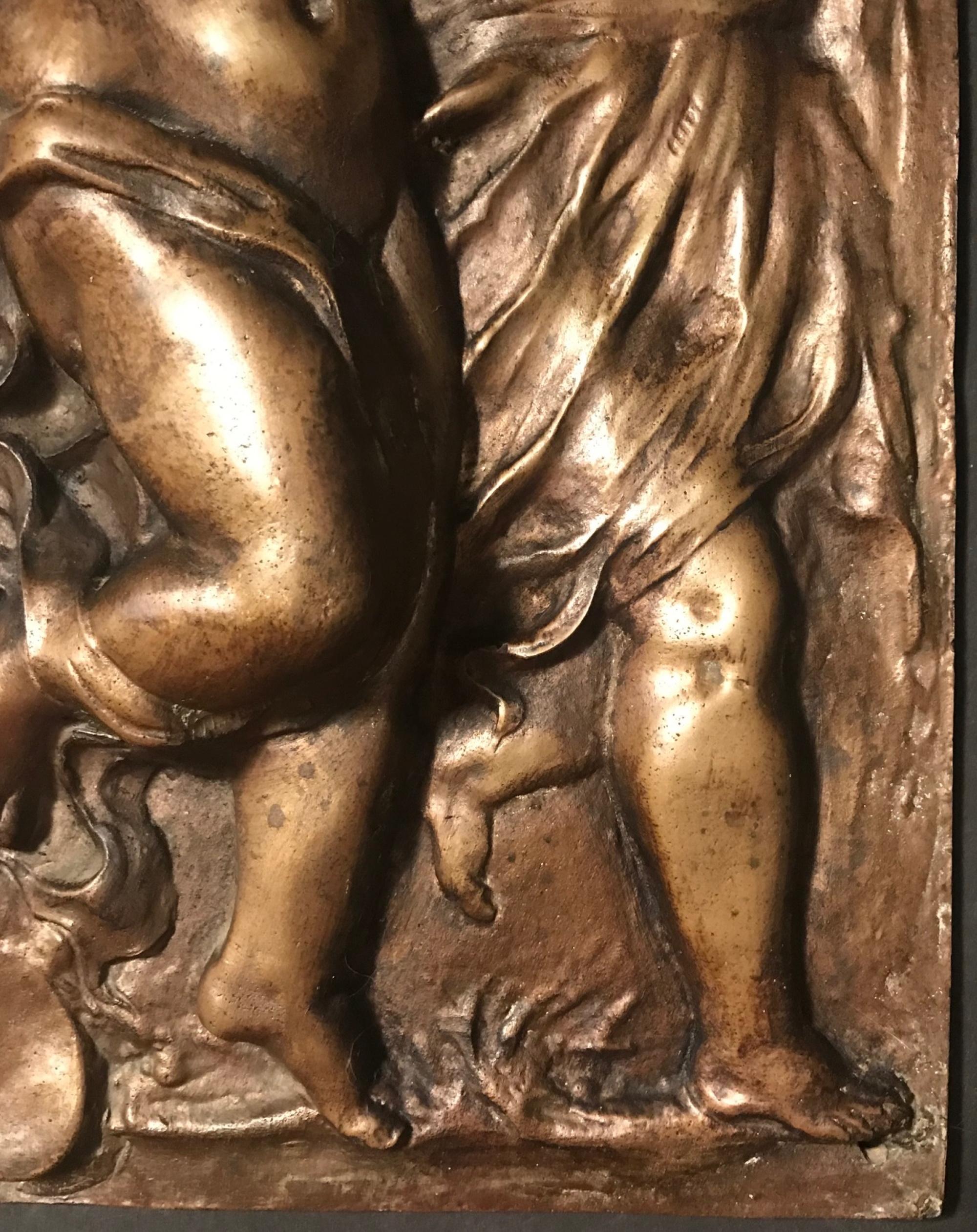 Heavy French Bronze Relief Plaque of 3 Dancing Putti with Tambourines 1