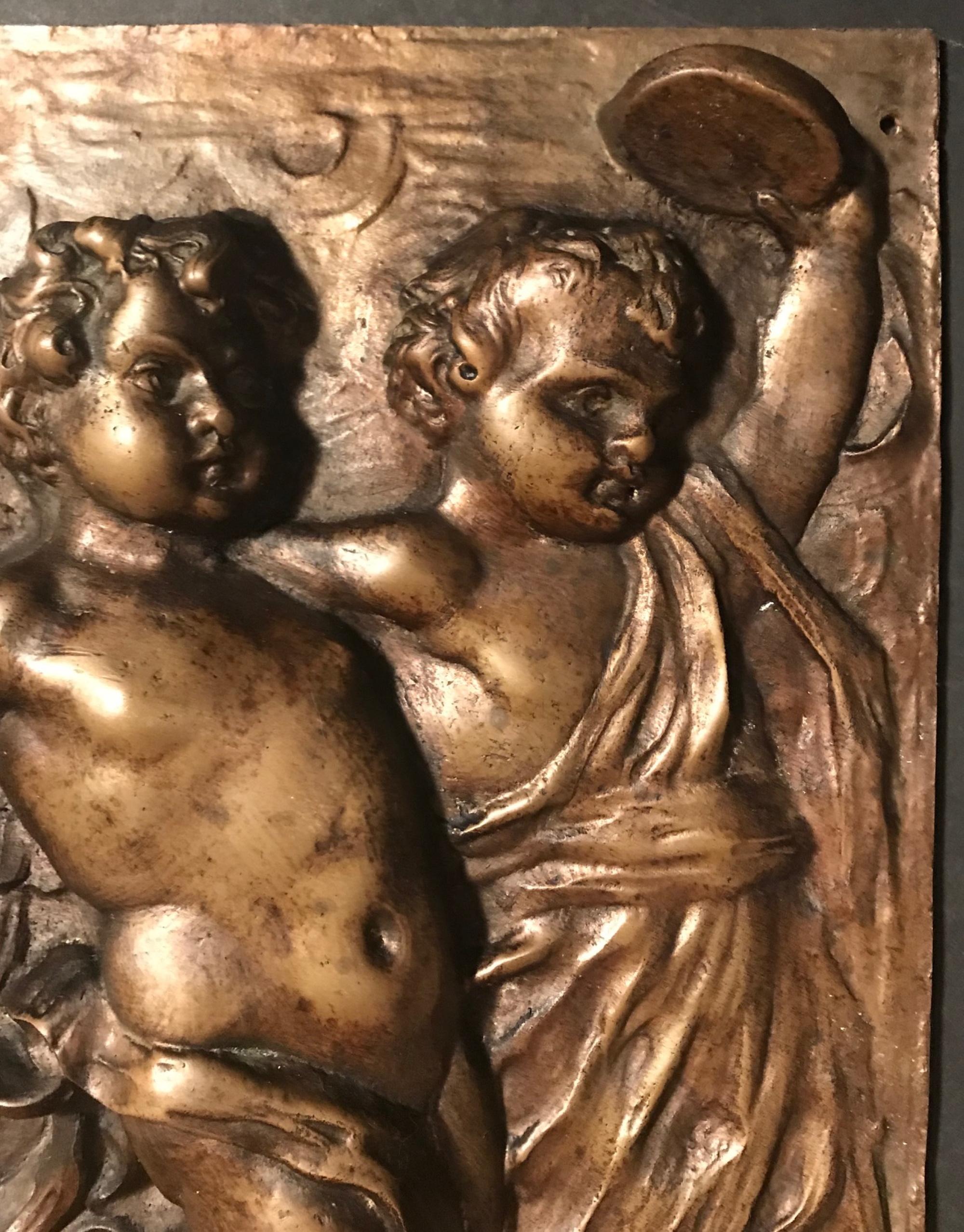 Heavy French Bronze Relief Plaque of 3 Dancing Putti with Tambourines 2