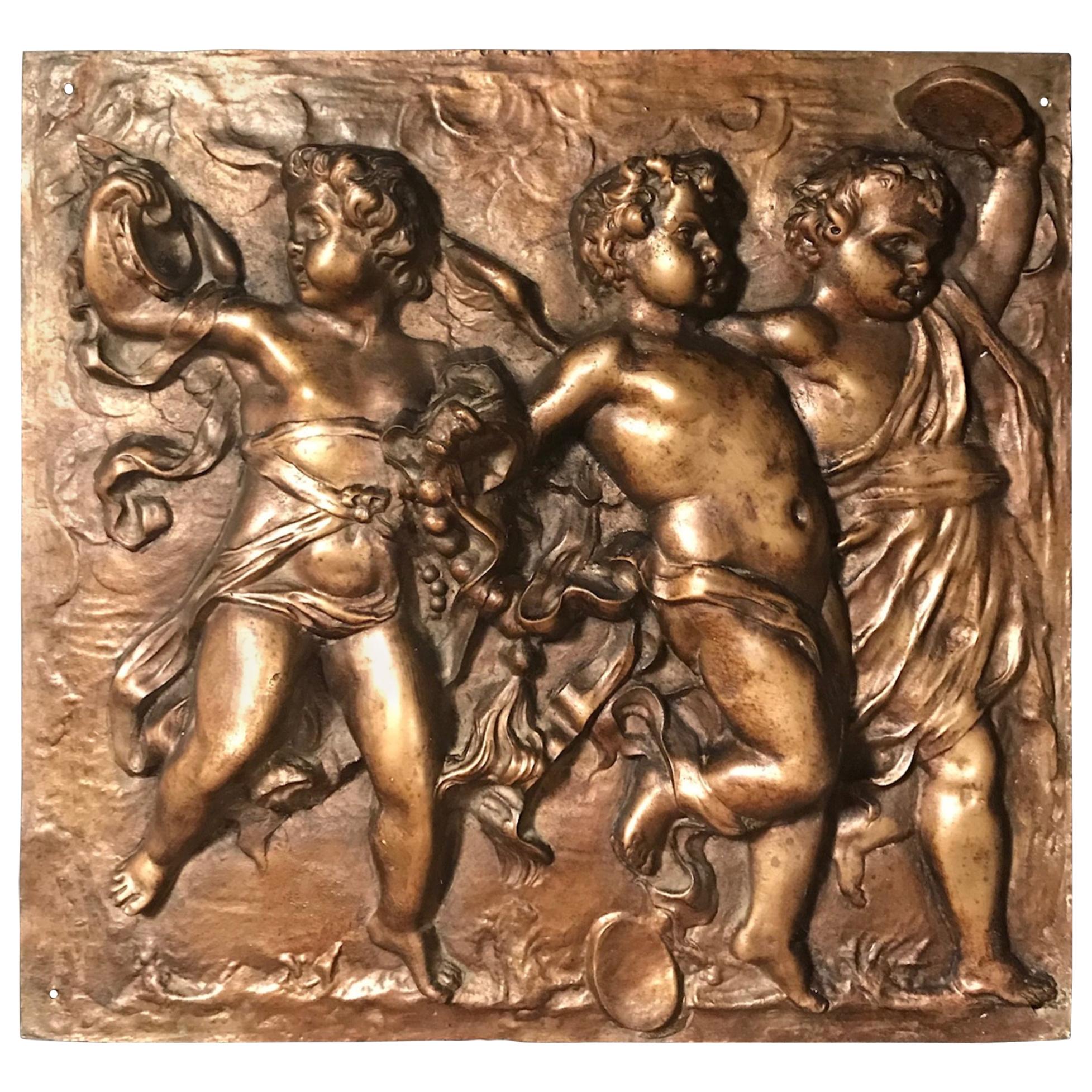 Heavy French Bronze Relief Plaque of 3 Dancing Putti with Tambourines