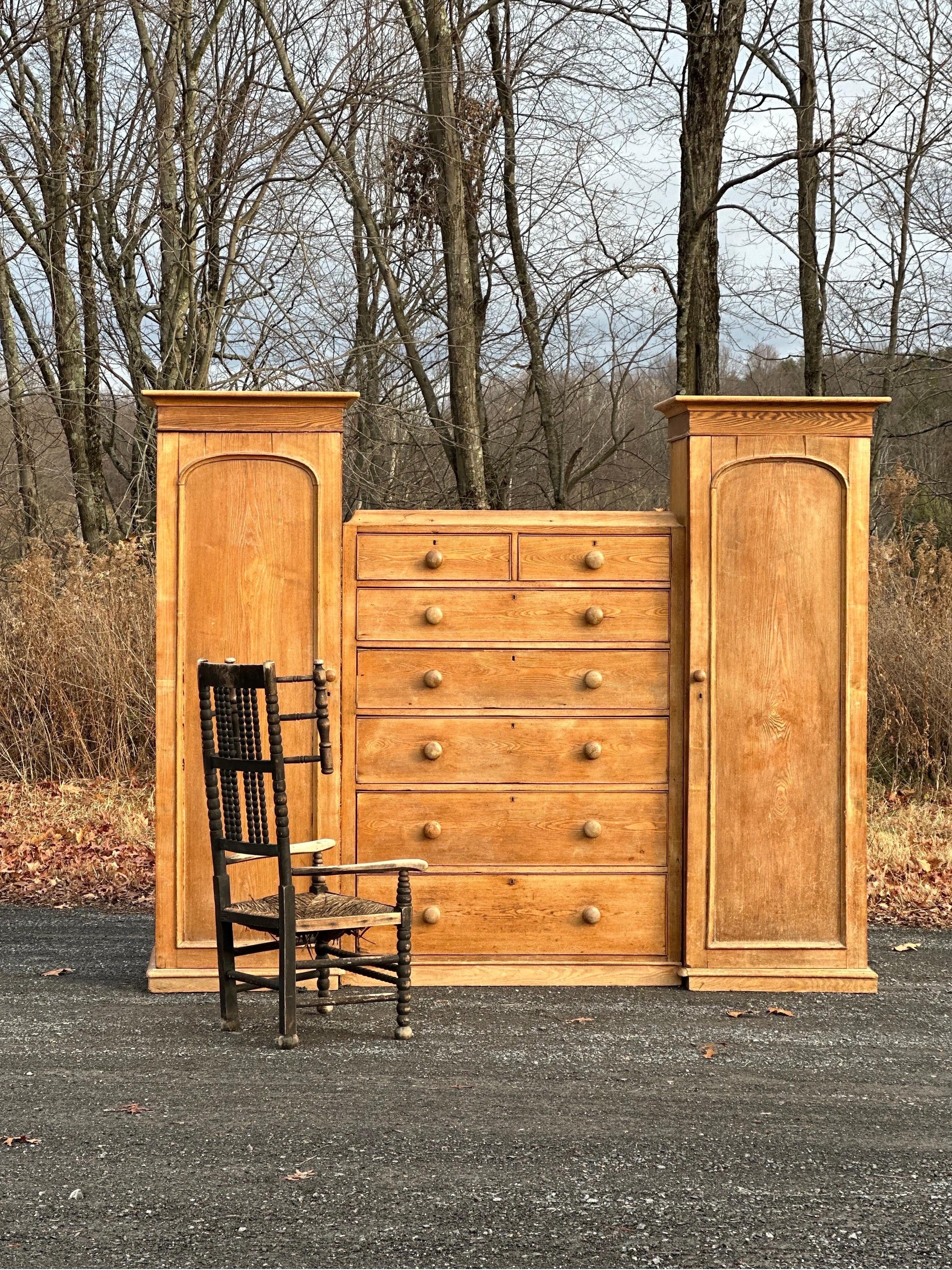19th C Hemlock 7 drawer chest with wardrobes
All the storage you will ever need!
Three pieces. Drawers are all free and work nicely.
Great craftsmanship. Solid. 
Please contact me with any questions