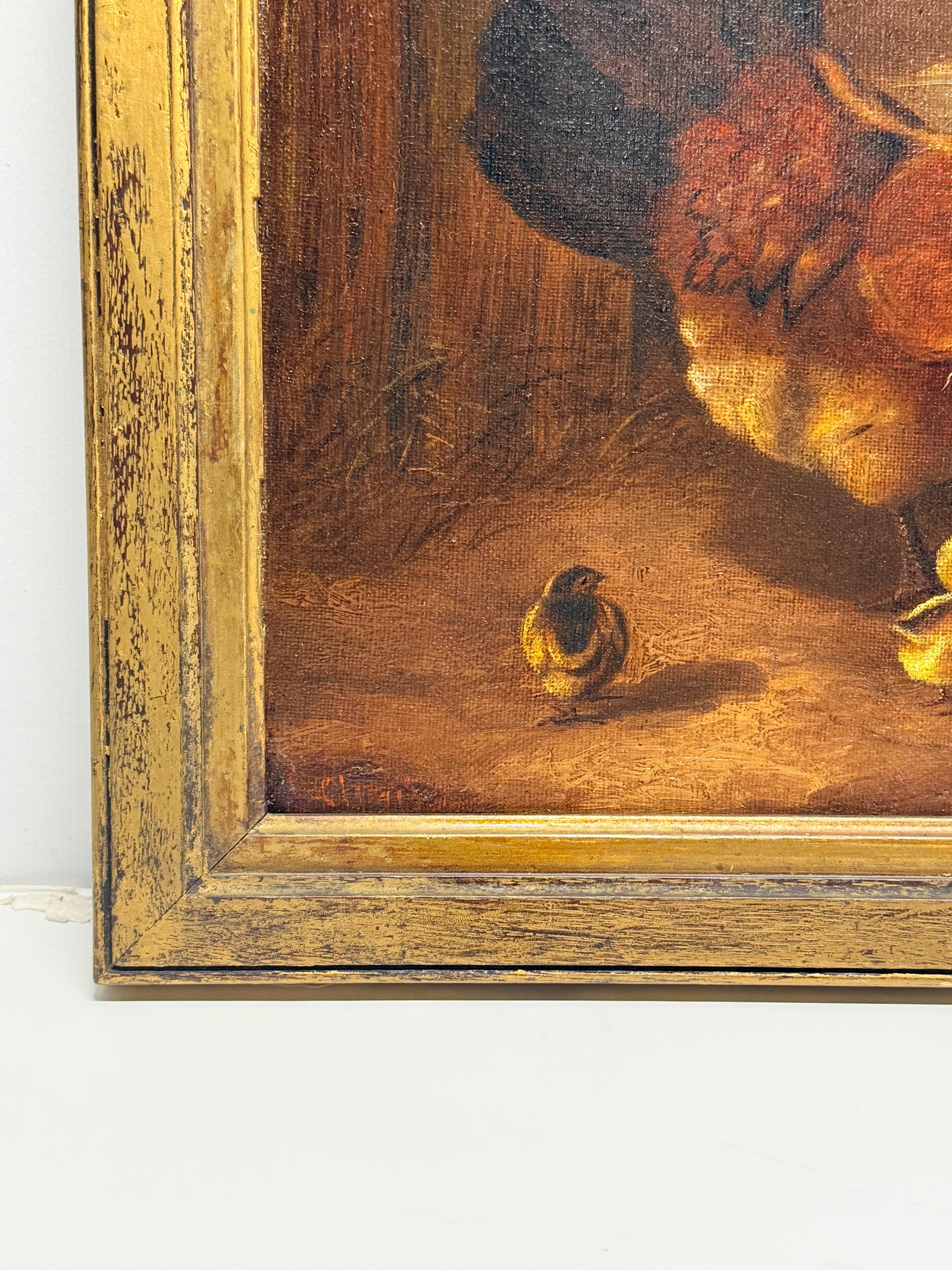 19th C, 'Hen & Newborn Chicks' Oil on Canvas Style of William Baptiste Baird For Sale 4