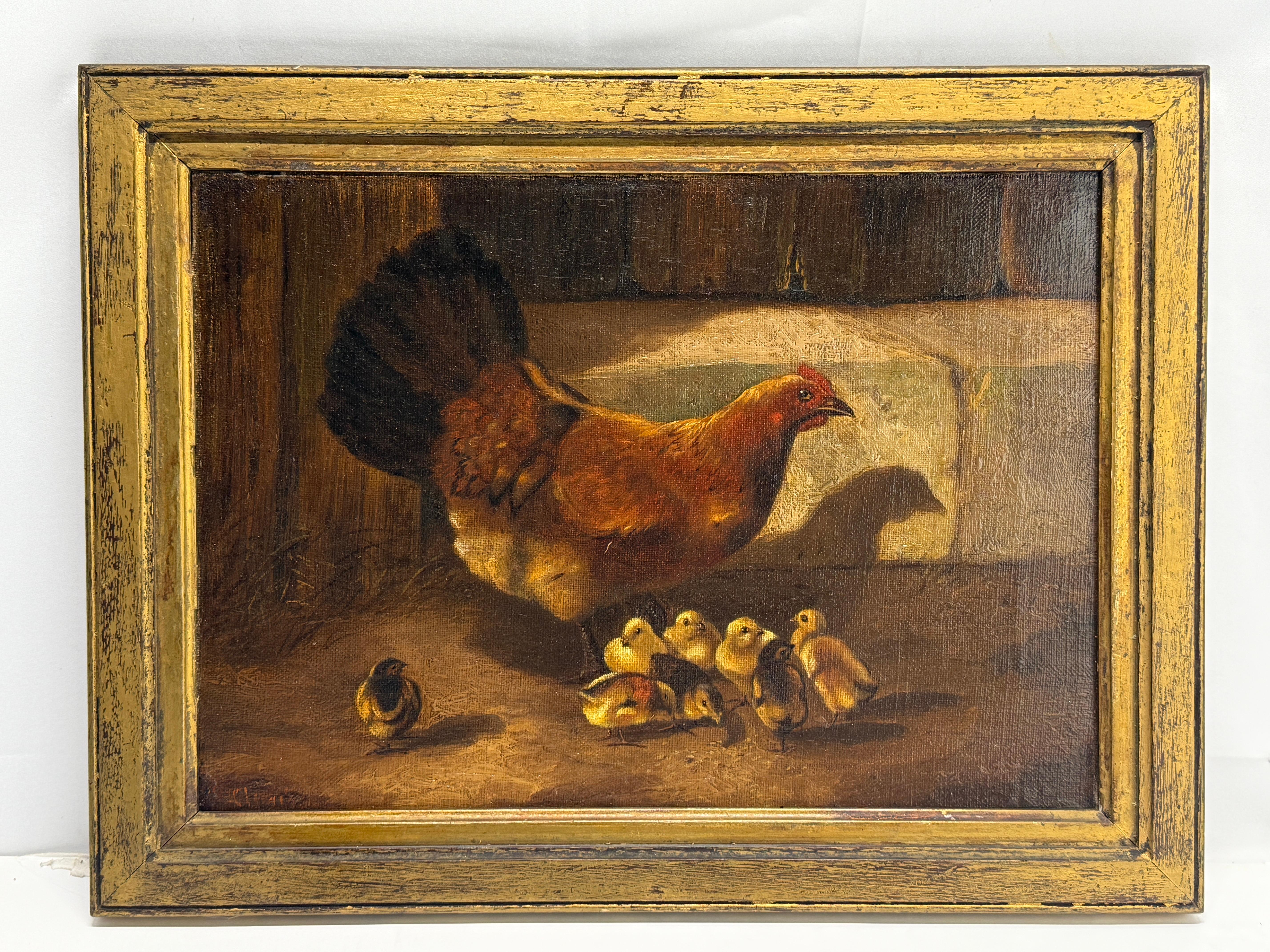 American or Continental School, 19th century. Signed lower left. 

Oil on Canvas in giltwood frame. 

Measures: 17