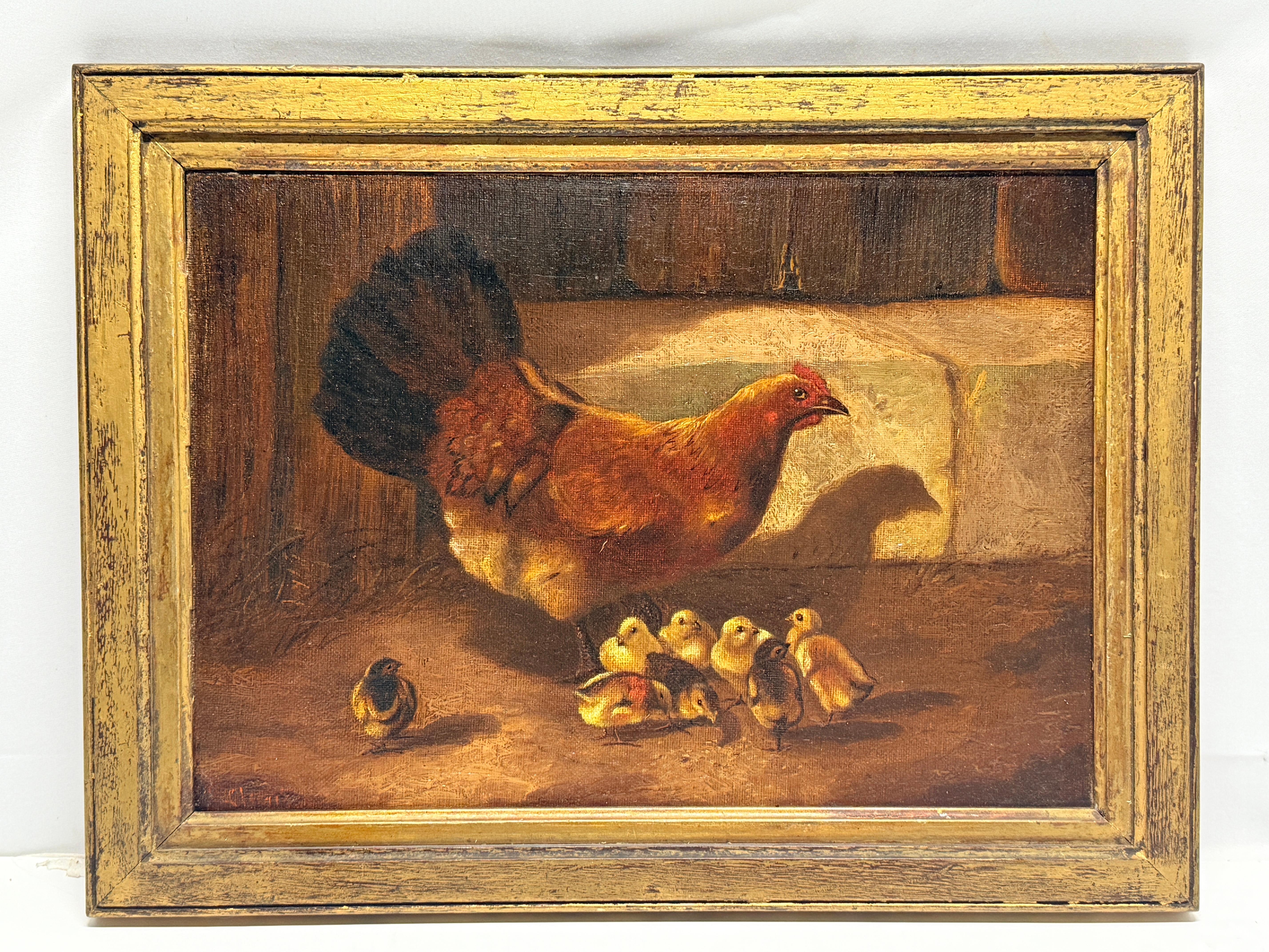 British Colonial 19th C, 'Hen & Newborn Chicks' Oil on Canvas Style of William Baptiste Baird For Sale