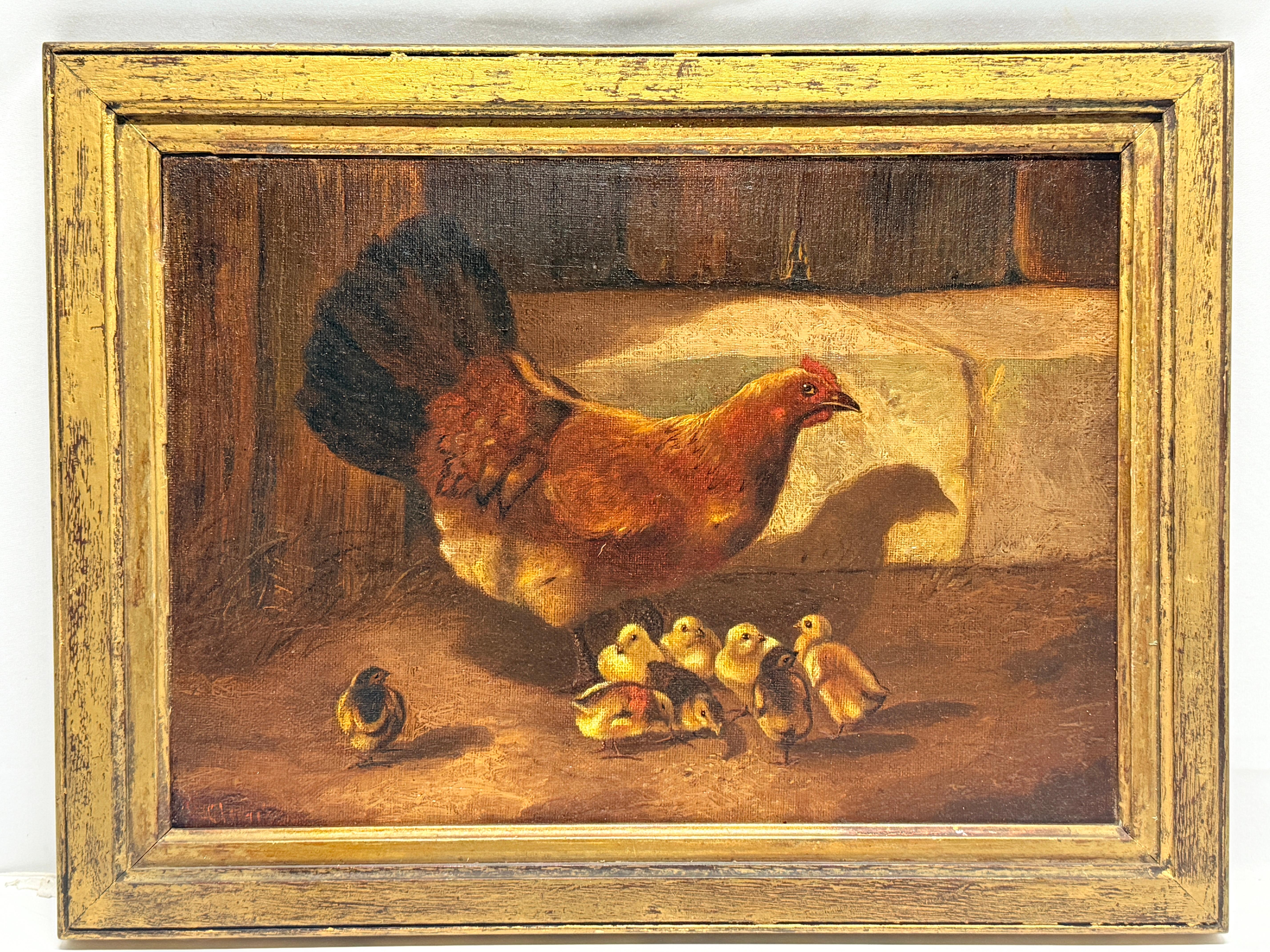 French 19th C, 'Hen & Newborn Chicks' Oil on Canvas Style of William Baptiste Baird For Sale