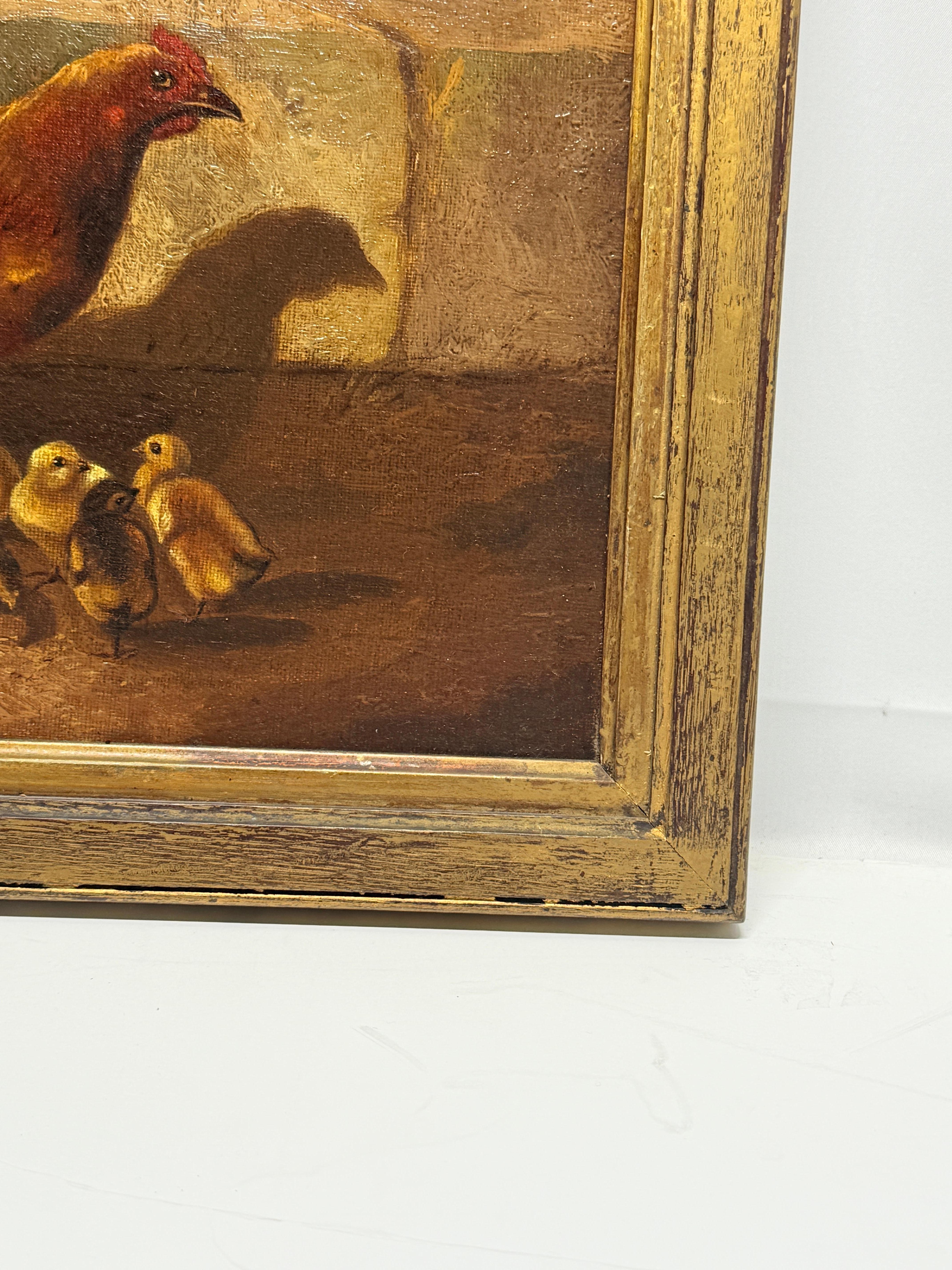 19th C, 'Hen & Newborn Chicks' Oil on Canvas Style of William Baptiste Baird For Sale 2