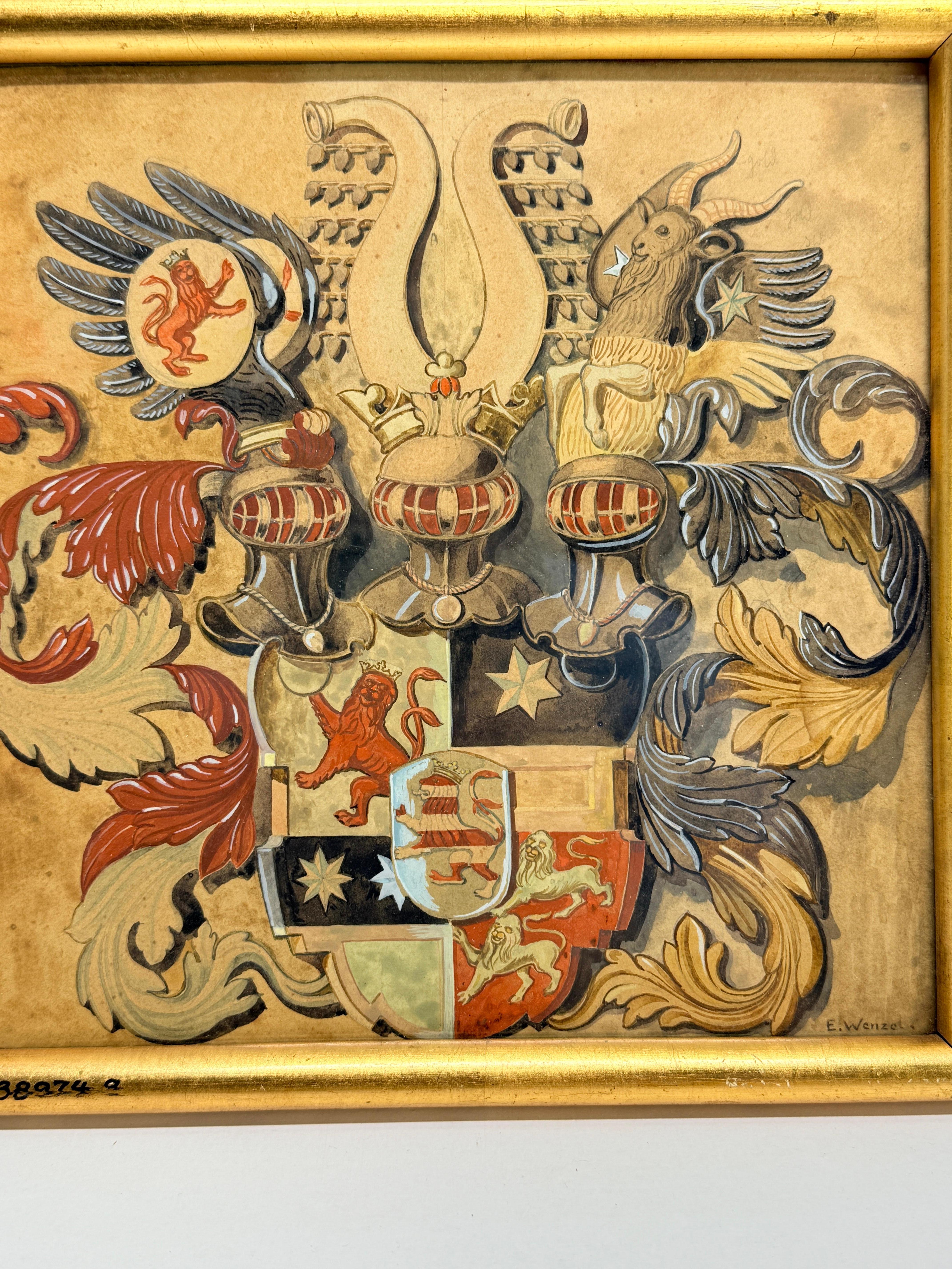 Acuarela heráldica del s. XIX de una nobleza compuesta, firmada E. Wenzel Alemán en venta