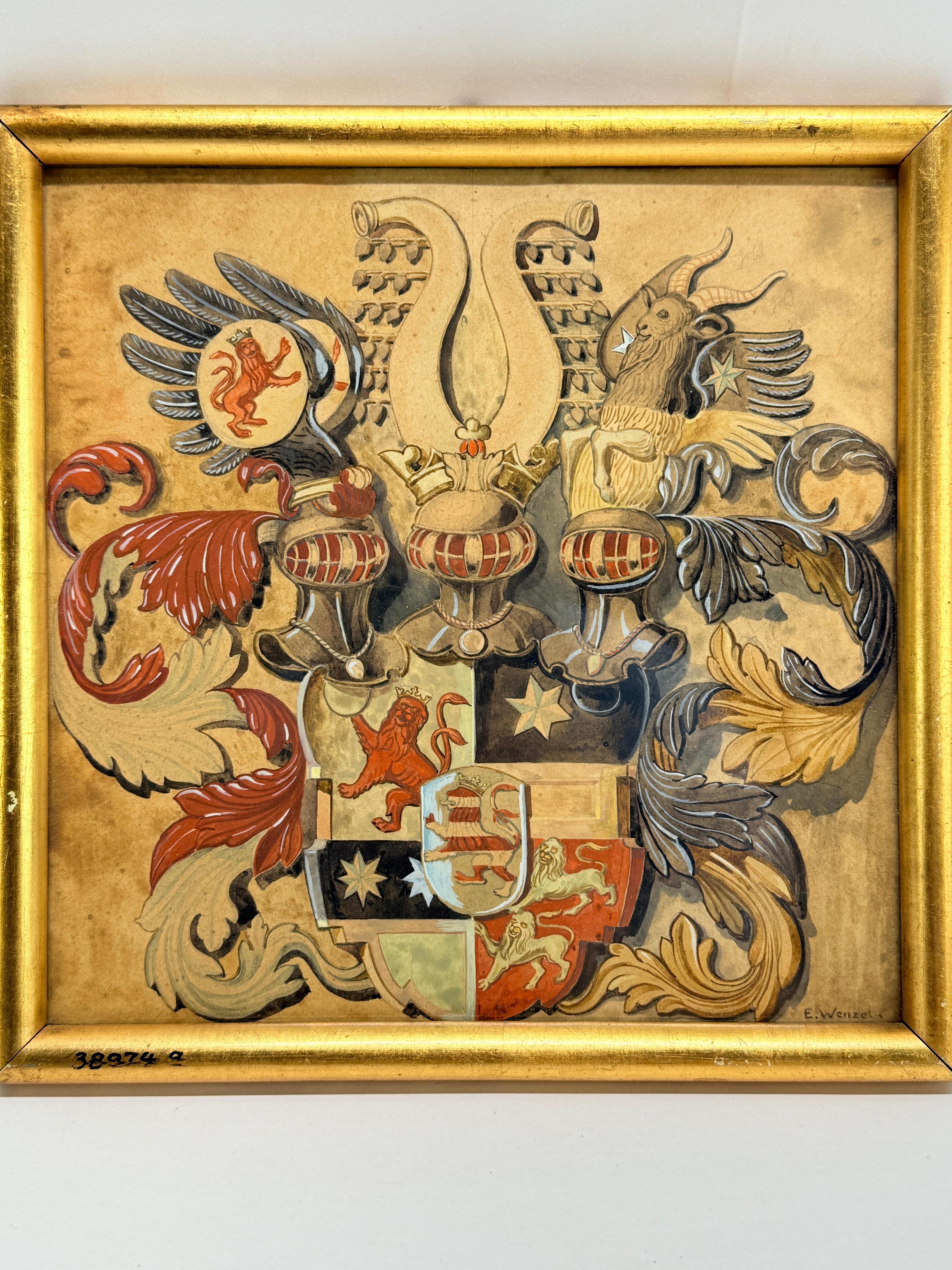 Acuarela heráldica del s. XIX de una nobleza compuesta, firmada E. Wenzel en Bueno estado para la venta en Atlanta, GA