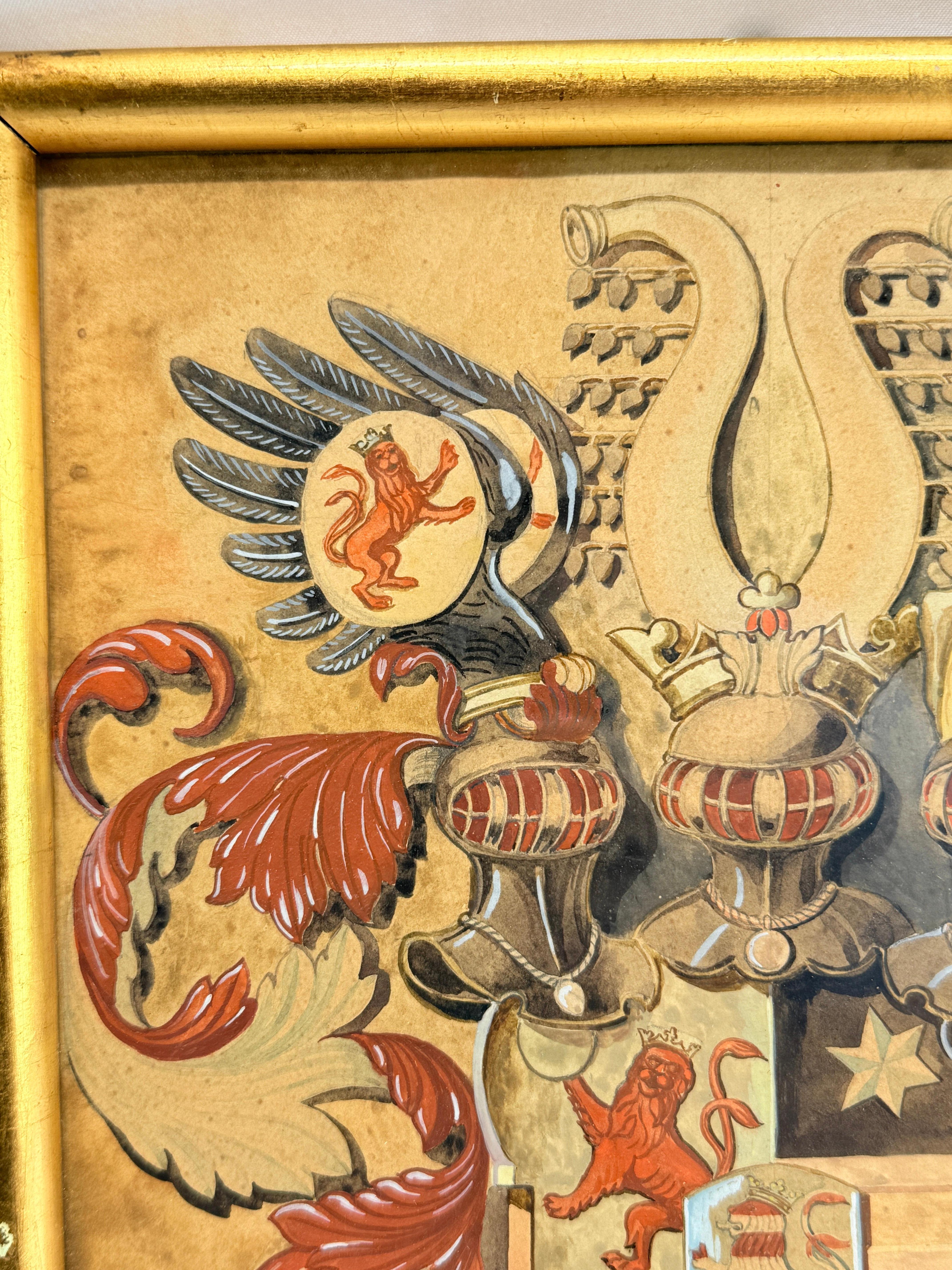 Acuarela heráldica del s. XIX de una nobleza compuesta, firmada E. Wenzel Madera dorada en venta