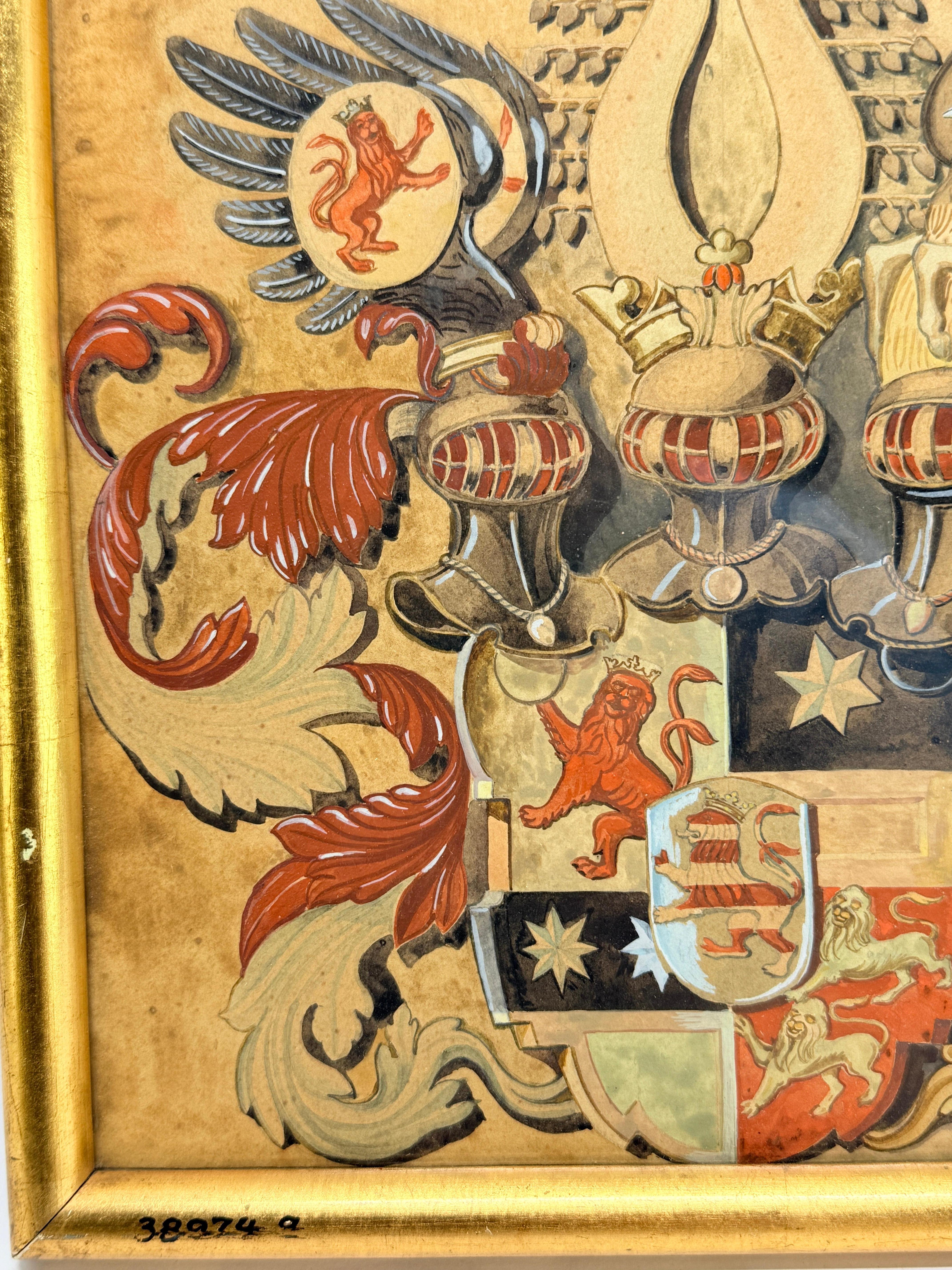 Acuarela heráldica del s. XIX de una nobleza compuesta, firmada E. Wenzel en venta 1