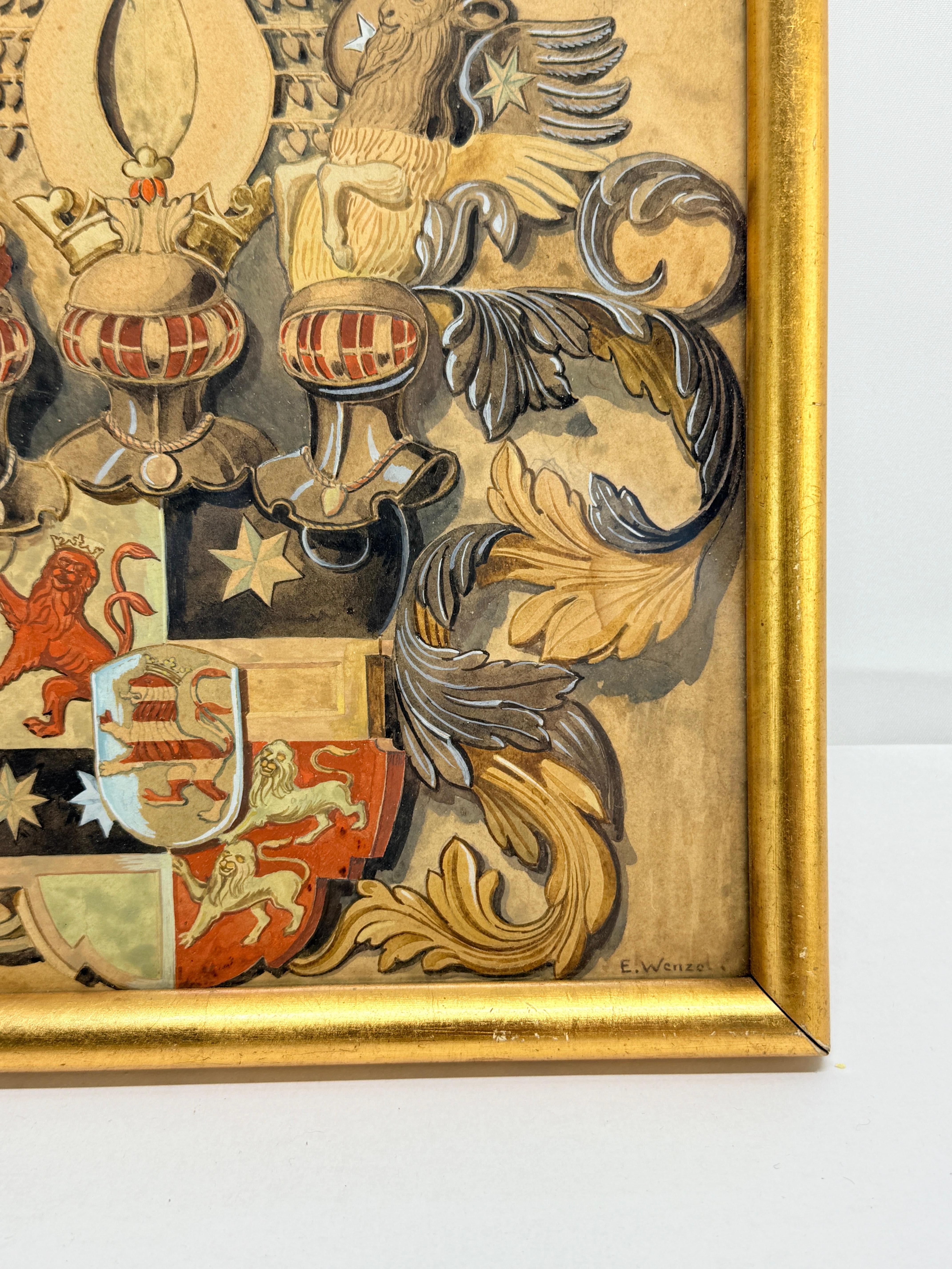 Acuarela heráldica del s. XIX de una nobleza compuesta, firmada E. Wenzel en venta 2