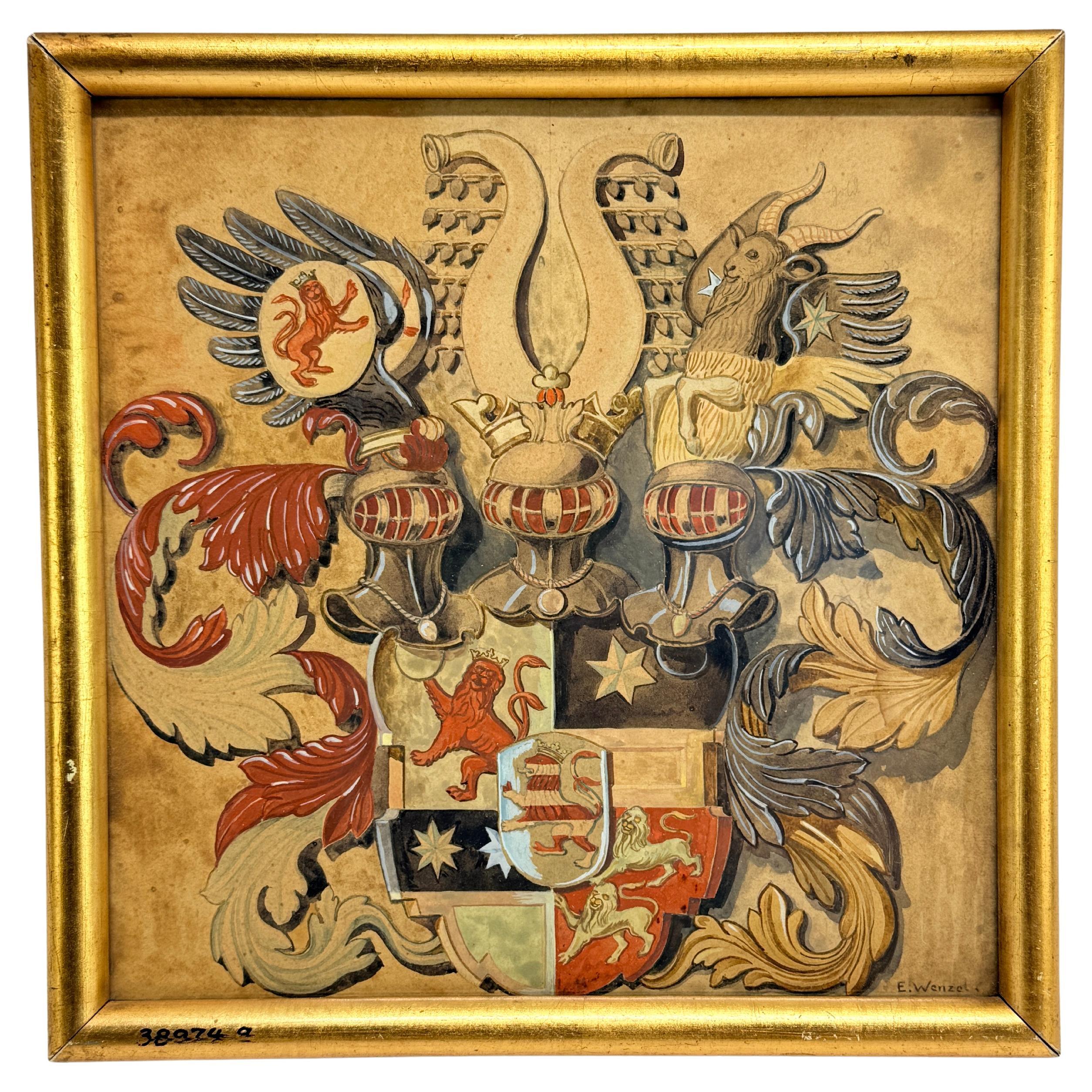 Acuarela heráldica del s. XIX de una nobleza compuesta, firmada E. Wenzel en venta
