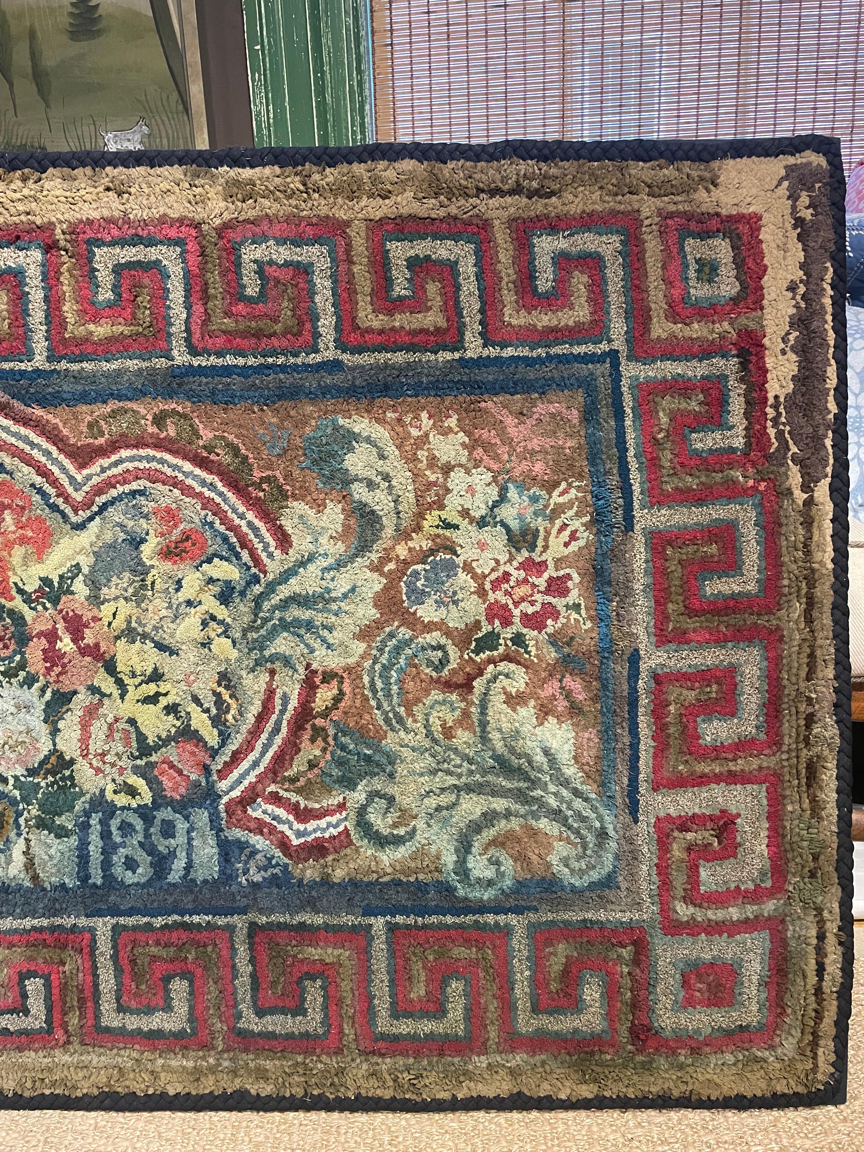 Hand-Crafted 19th Century Hooked Rug with Greek Key and Flowers, Dated 1891, Mounted For Sale