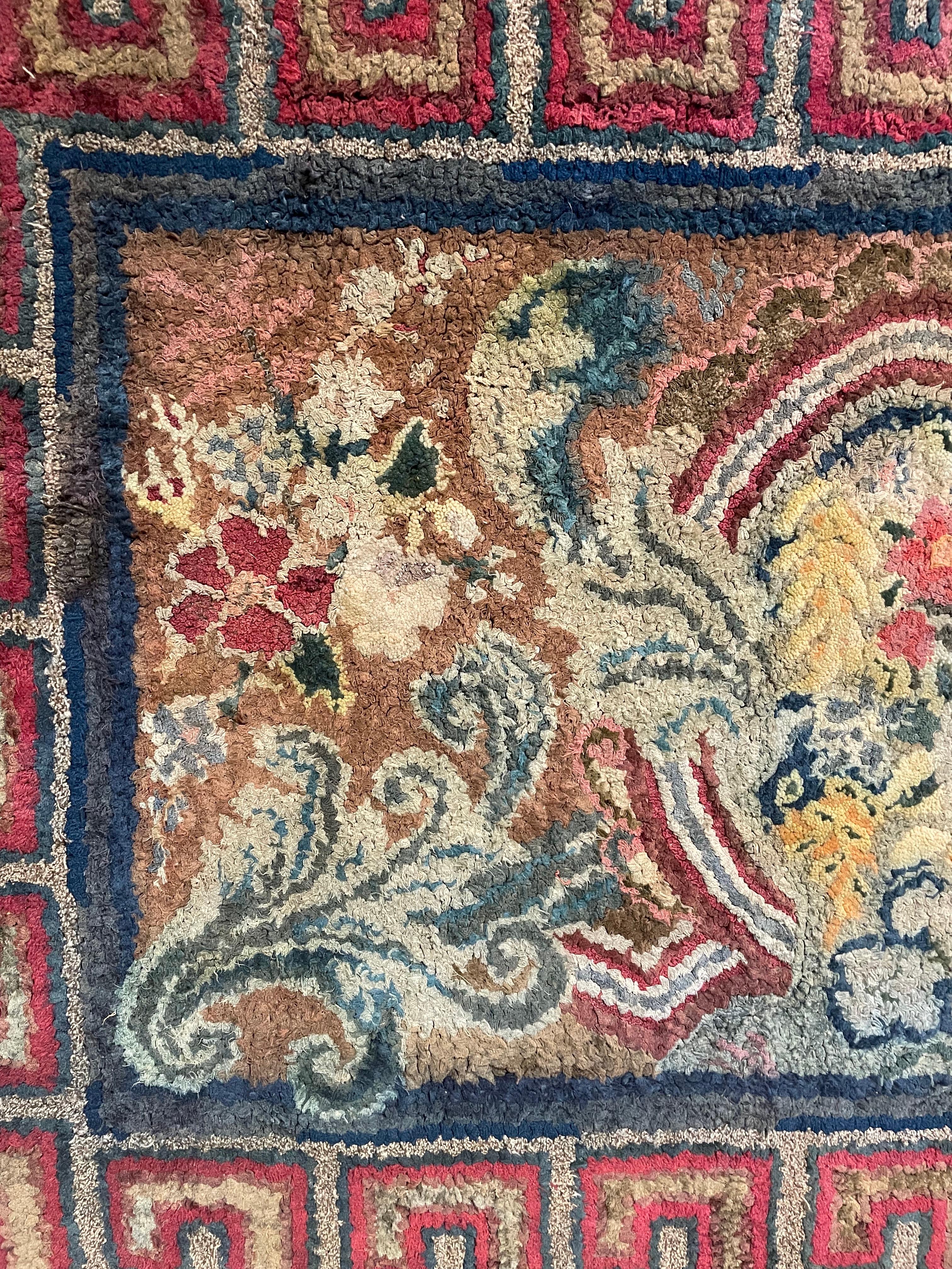 19th Century Hooked Rug with Greek Key and Flowers, Dated 1891, Mounted In Good Condition For Sale In Nantucket, MA