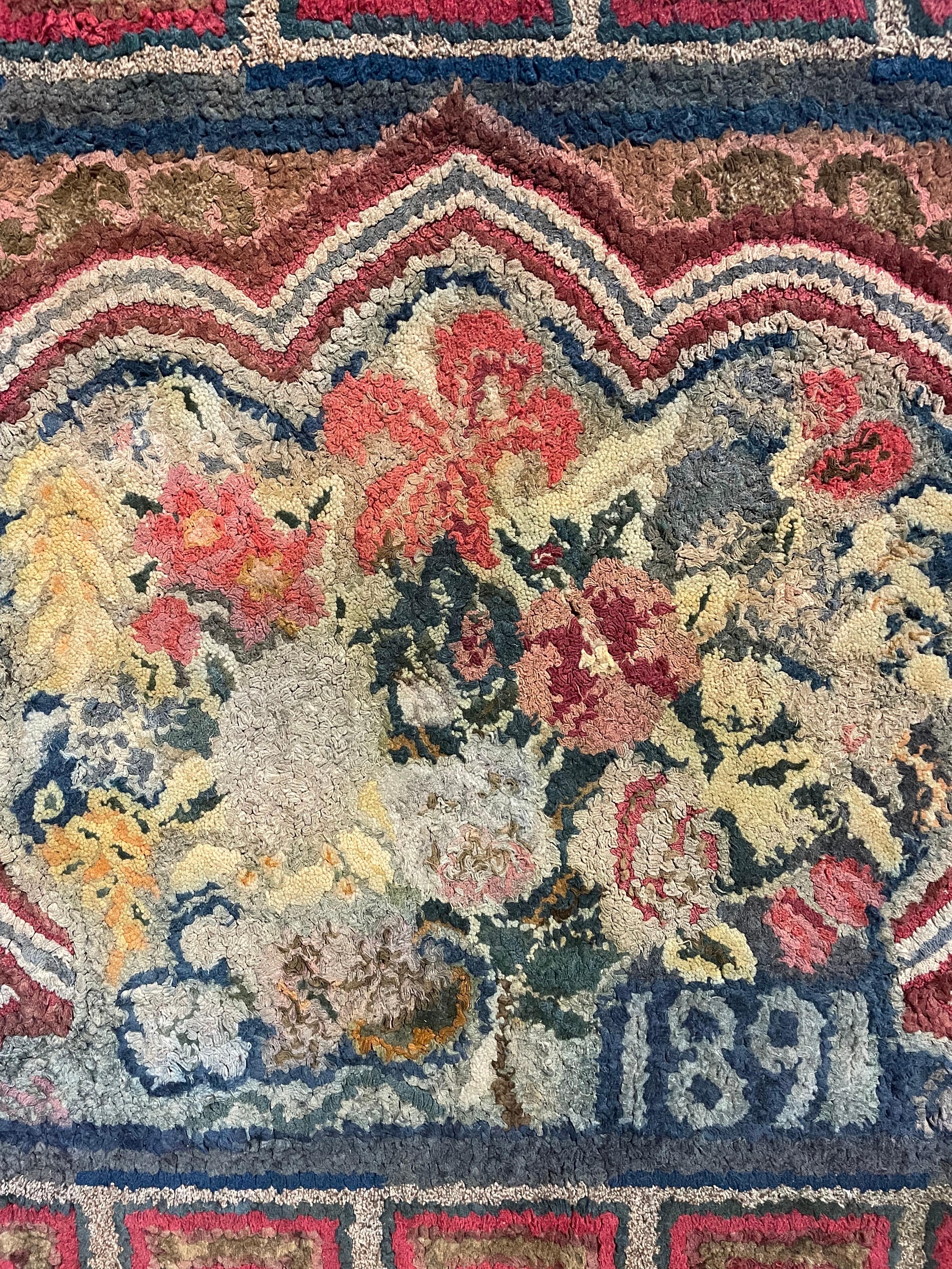 Cotton 19th Century Hooked Rug with Greek Key and Flowers, Dated 1891, Mounted For Sale
