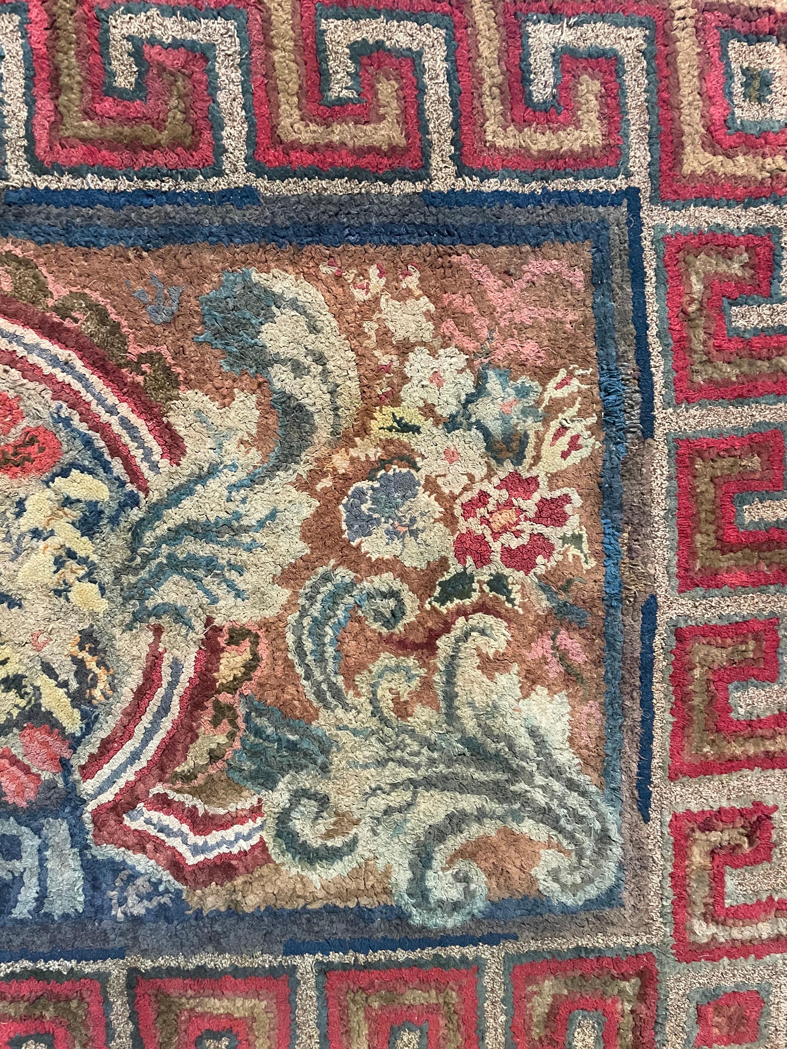 19th Century Hooked Rug with Greek Key and Flowers, Dated 1891, Mounted For Sale 1