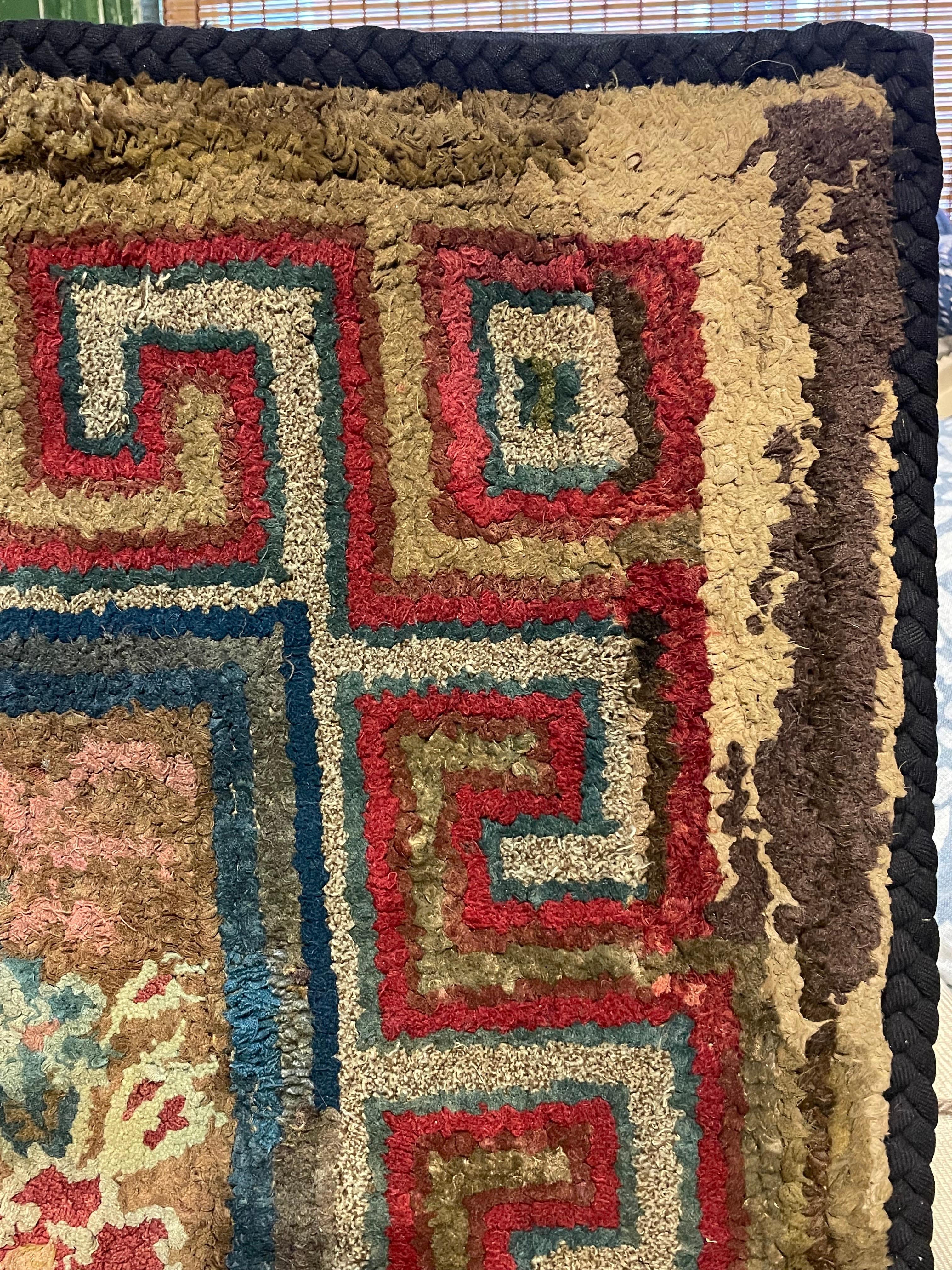 19th Century Hooked Rug with Greek Key and Flowers, Dated 1891, Mounted For Sale 2