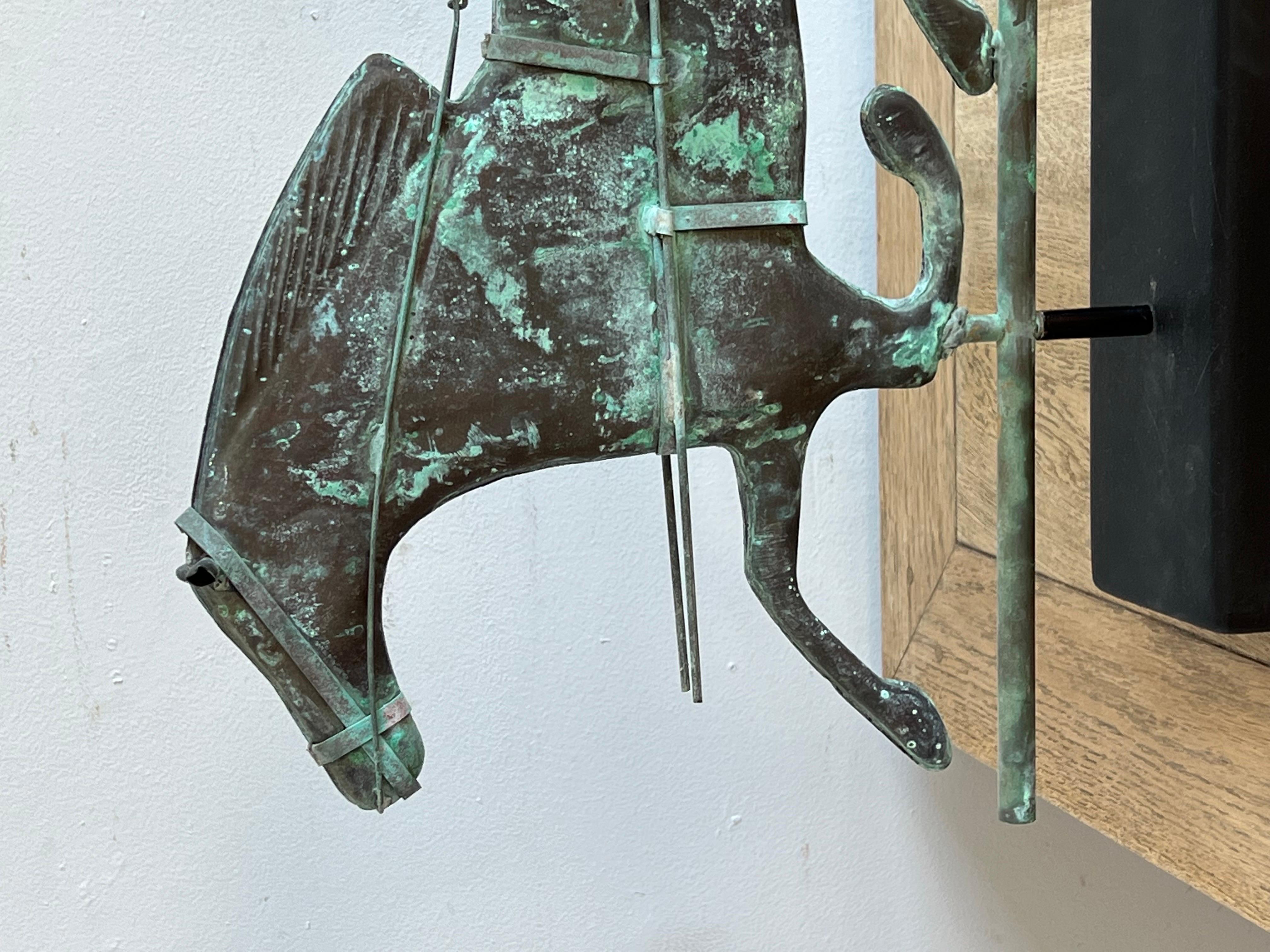 19th C. Horse & Rider Copper Weathervane on Wood Base 1