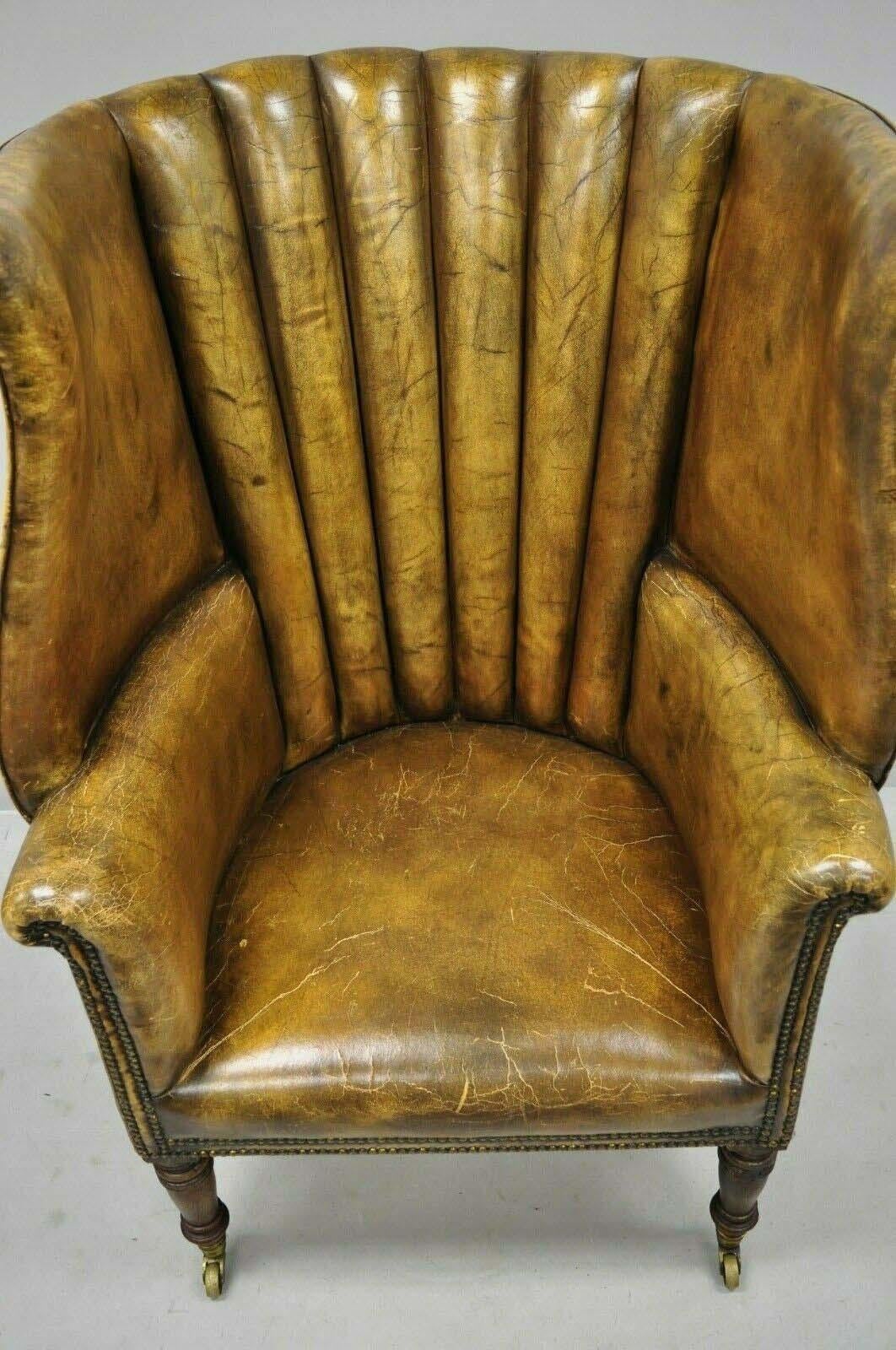 Howard & Sons English Brown Leather Channel Back Wingback Library Chair 2