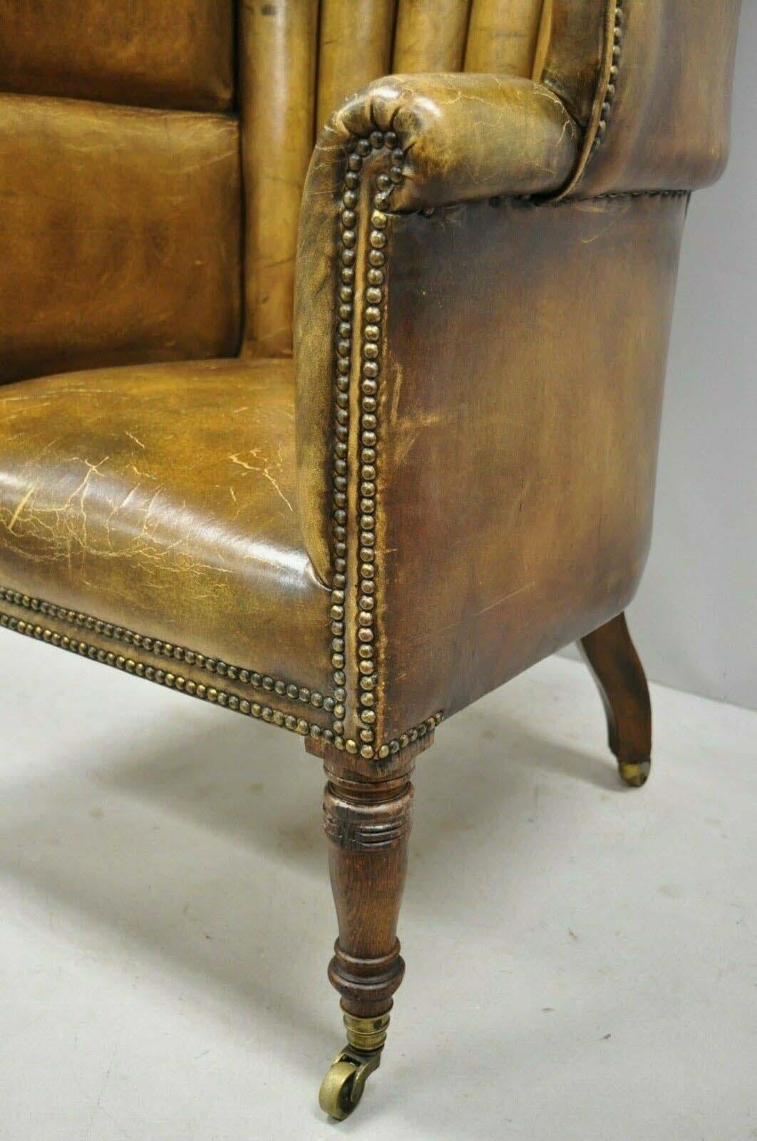 Regency Howard & Sons English Brown Leather Channel Back Wingback Library Chair