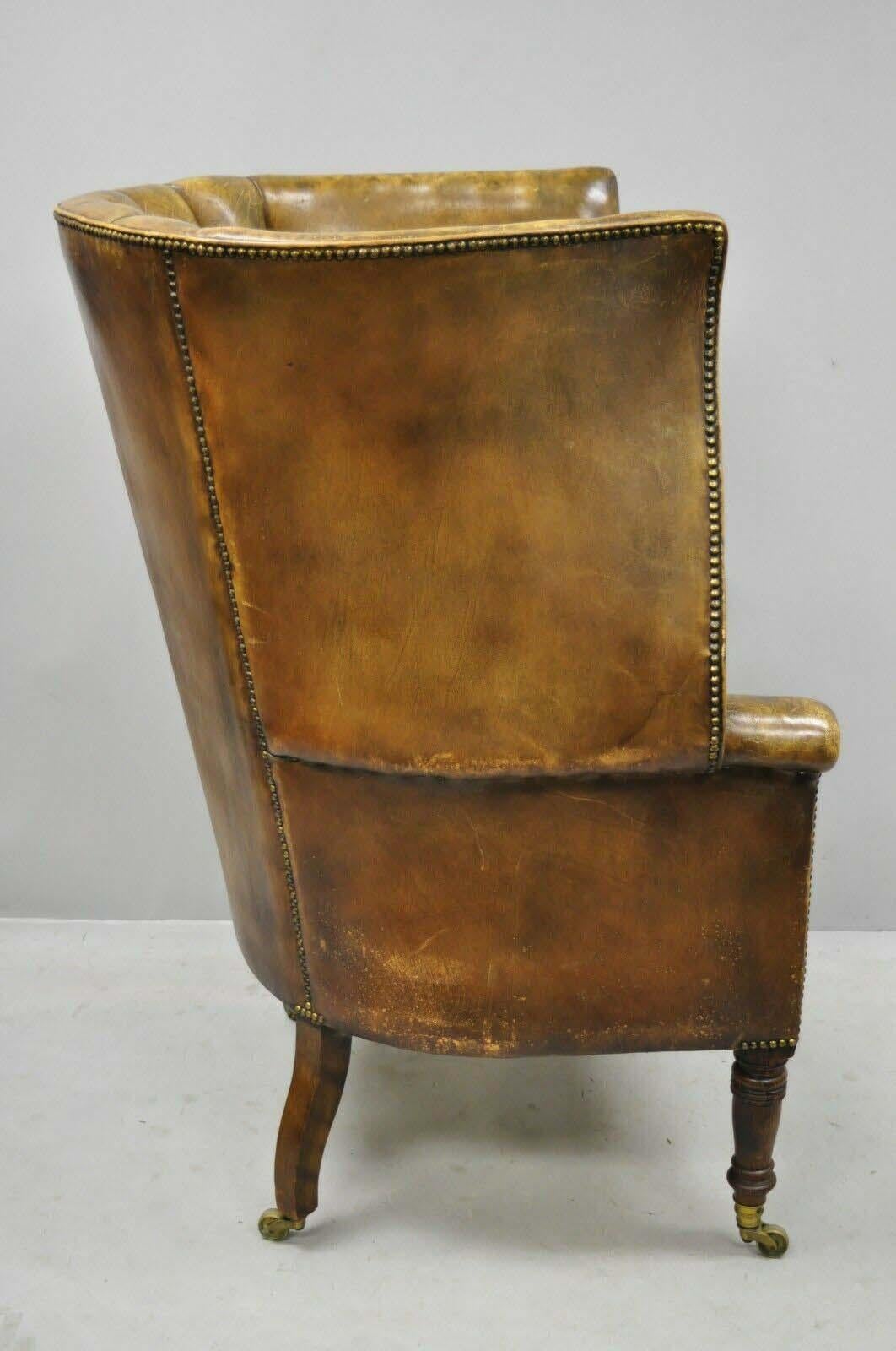 Howard & Sons English Brown Leather Channel Back Wingback Library Chair In Good Condition In Philadelphia, PA