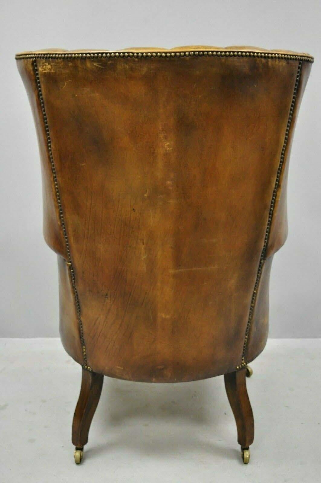 Howard & Sons English Brown Leather Channel Back Wingback Library Chair 1
