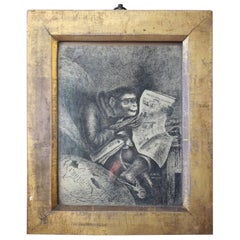 Antique 19th C Humorous Anamorphic Monochrome Pen & Ink Study Monkey 1846