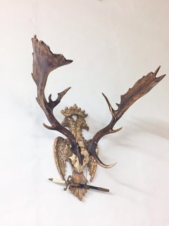 Imperial Russian Fallow Trophy on Hand Carved Gilt Plaque with Sword