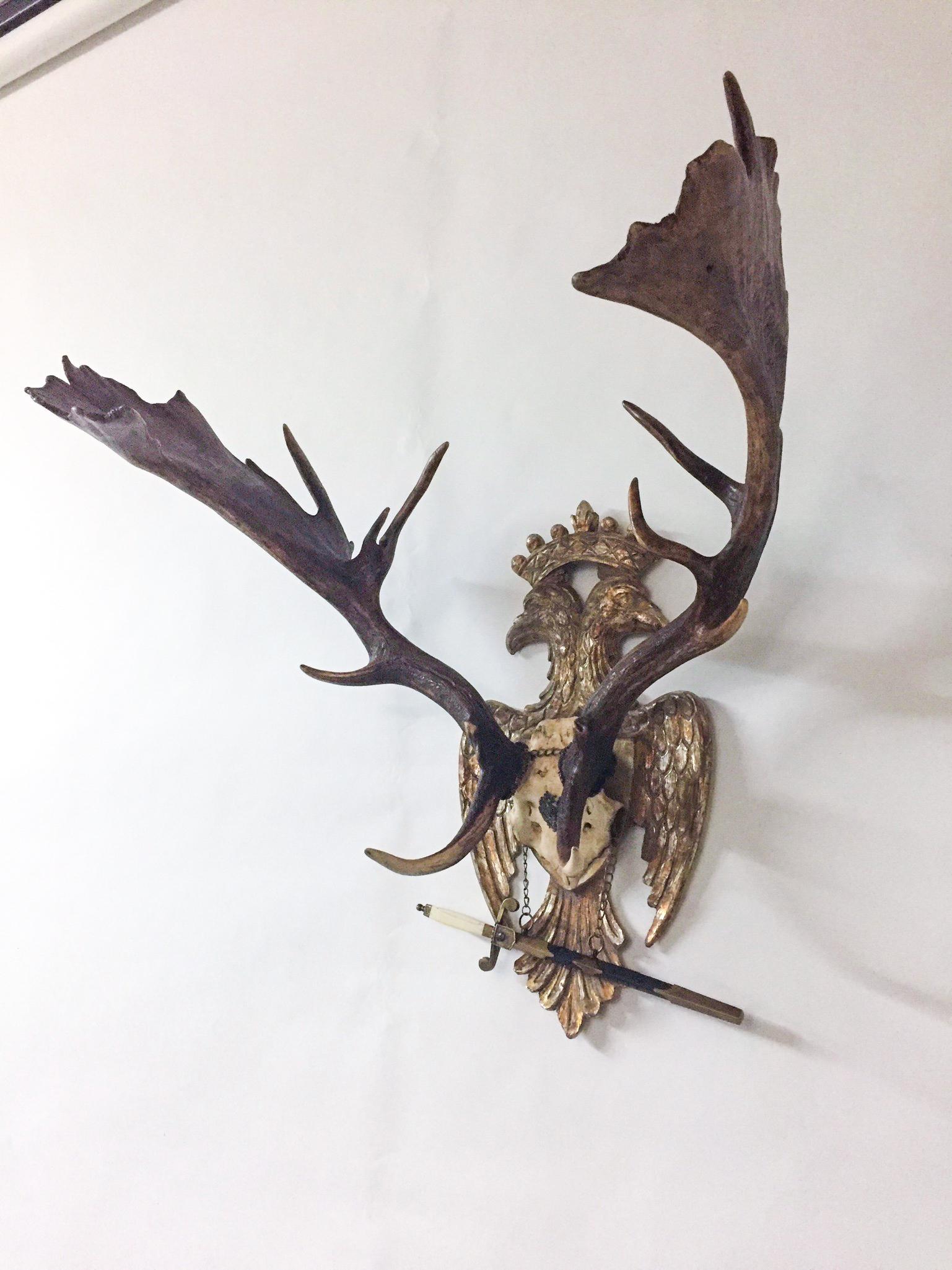 Black Forest Imperial Russian Fallow Trophy on Hand Carved Gilt Plaque with Sword