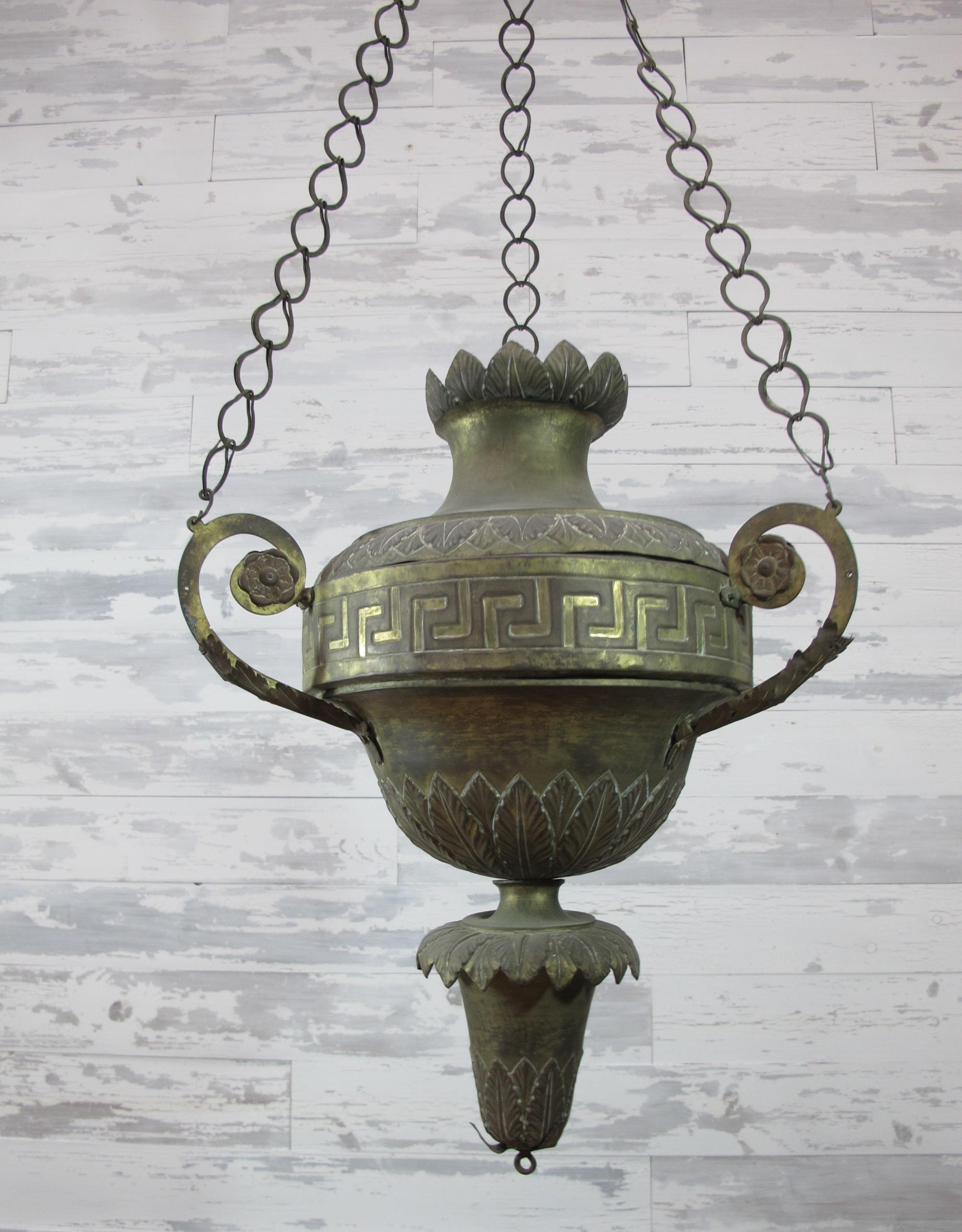 Beautiful brass 19th century European ecclesiastical incense burner. Gorgeous handmade chain. Aged patina is an amazing color. Perfect as a decorative piece in an alcove or an entry. The body itself is 24