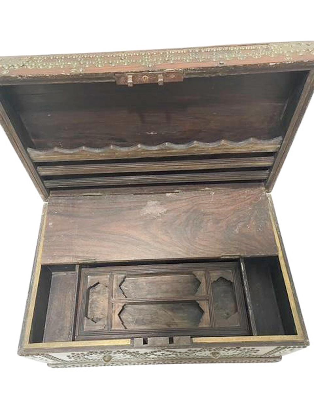 19th C. Indian Fitted Teak Workbox with Brass Tack and Applique Work For Sale 5