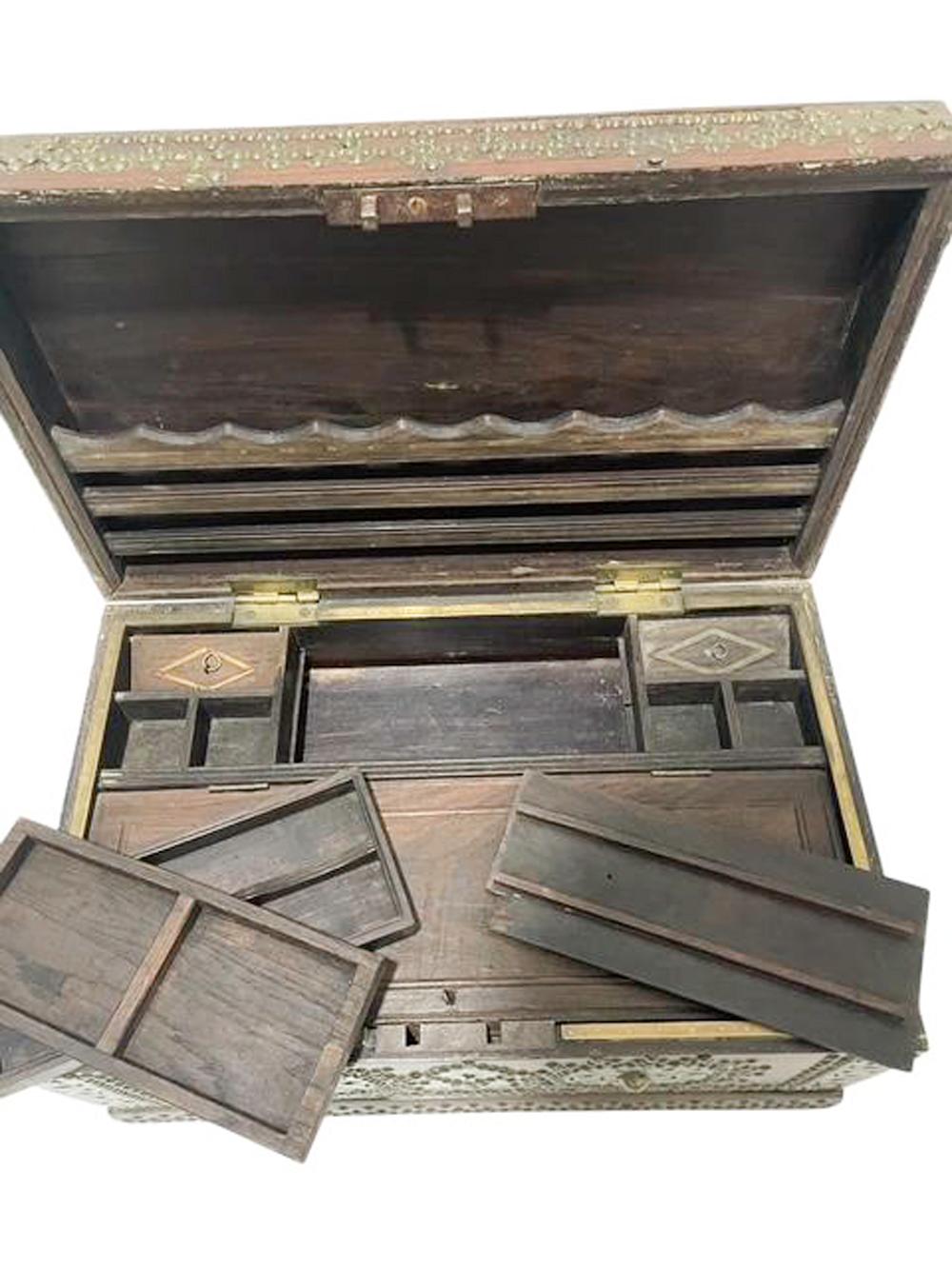 19th C. Indian Fitted Teak Workbox with Brass Tack and Applique Work For Sale 6