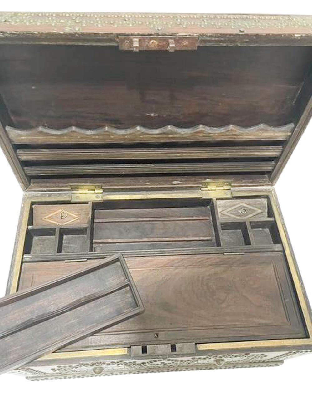 19th C. Indian Fitted Teak Workbox with Brass Tack and Applique Work For Sale 8
