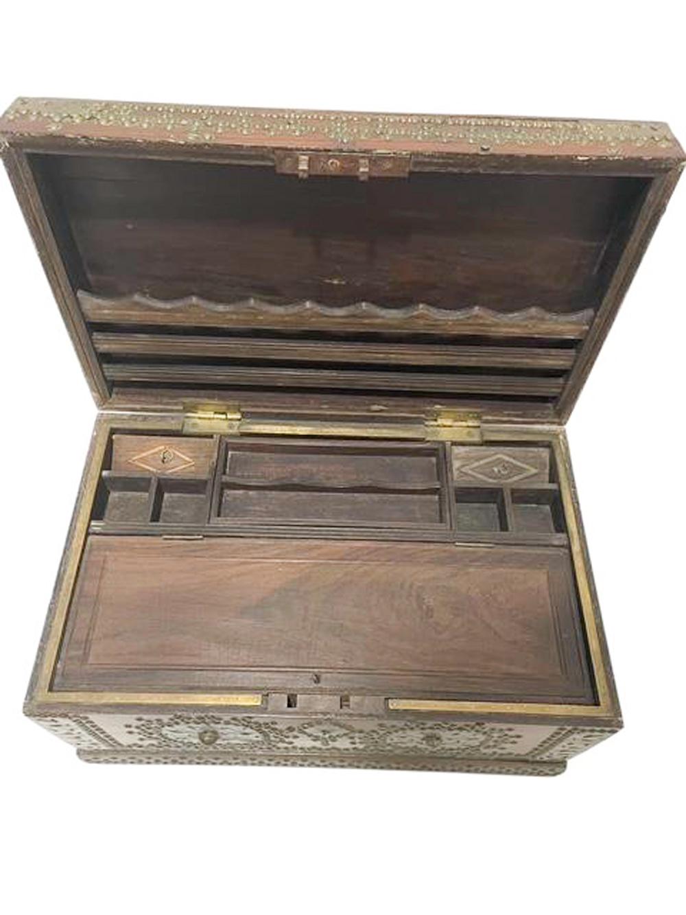 19th C. Indian Fitted Teak Workbox with Brass Tack and Applique Work For Sale 9