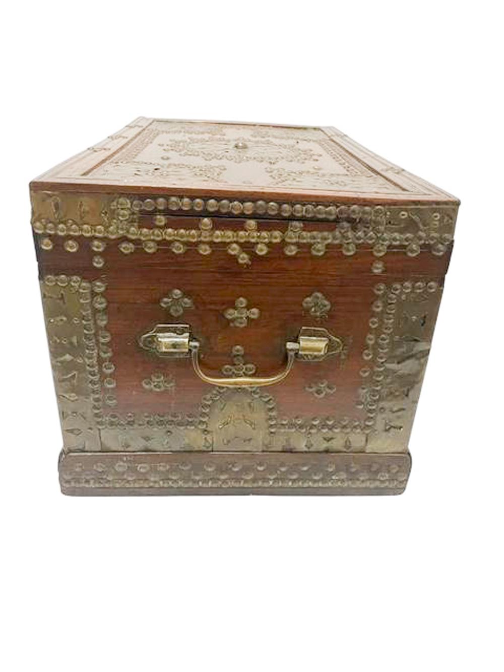 19th Century 19th C. Indian Fitted Teak Workbox with Brass Tack and Applique Work For Sale
