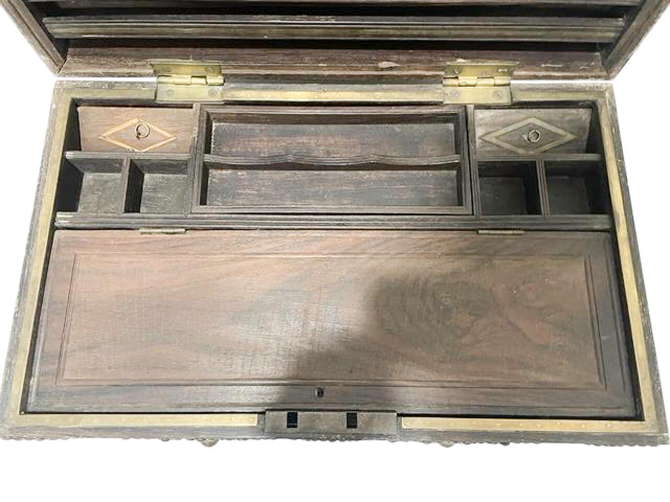 19th C. Indian Fitted Teak Workbox with Brass Tack and Applique Work For Sale 3