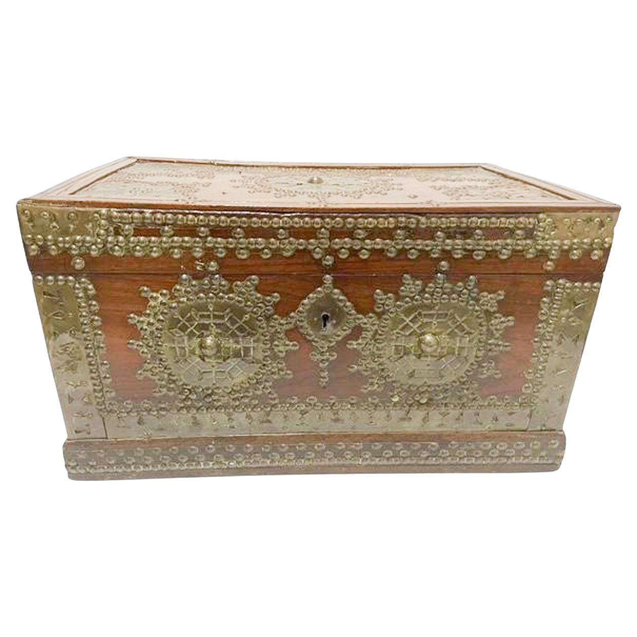 19th C. Indian Fitted Teak Workbox with Brass Tack and Applique Work For Sale