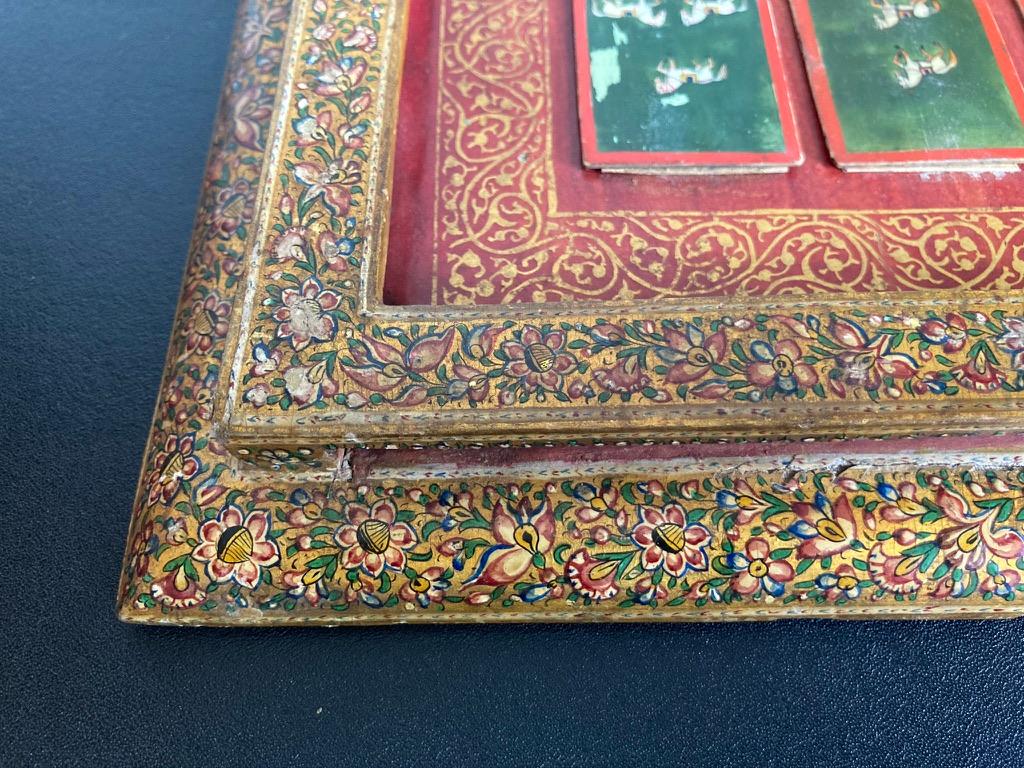 19th C Indian Mughal Painted Bone Playing Cards in Gilt Lacquered Frame 4