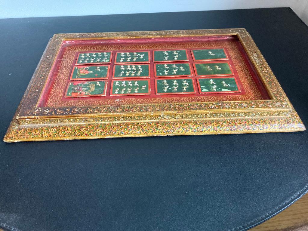 19th C Indian Mughal Painted Bone Playing Cards in Gilt Lacquered Frame 8