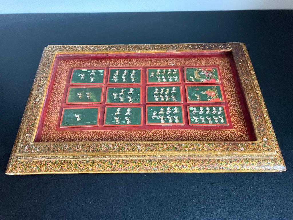 19th C Indian Mughal Painted Bone Playing Cards in Gilt Lacquered Frame 14