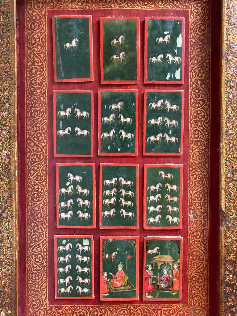 Anglo-Indian 19th C Indian Mughal Painted Bone Playing Cards in Gilt Lacquered Frame