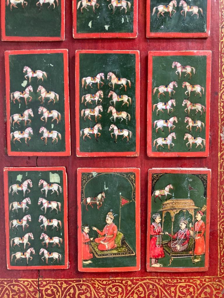 Hand-Painted 19th C Indian Mughal Painted Bone Playing Cards in Gilt Lacquered Frame