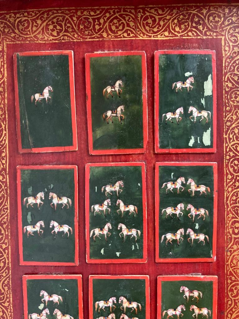 19th C Indian Mughal Painted Bone Playing Cards in Gilt Lacquered Frame In Good Condition In Stamford, CT