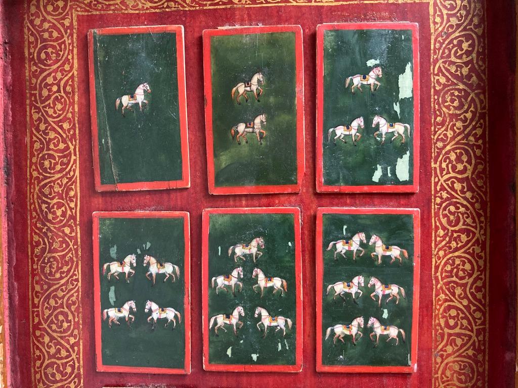 19th Century 19th C Indian Mughal Painted Bone Playing Cards in Gilt Lacquered Frame