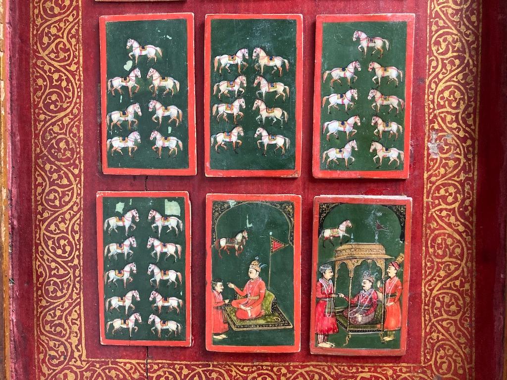19th C Indian Mughal Painted Bone Playing Cards in Gilt Lacquered Frame 1