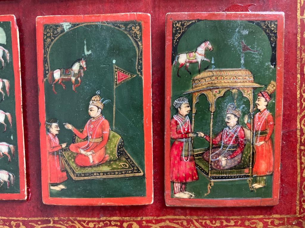 19th C Indian Mughal Painted Bone Playing Cards in Gilt Lacquered Frame 2