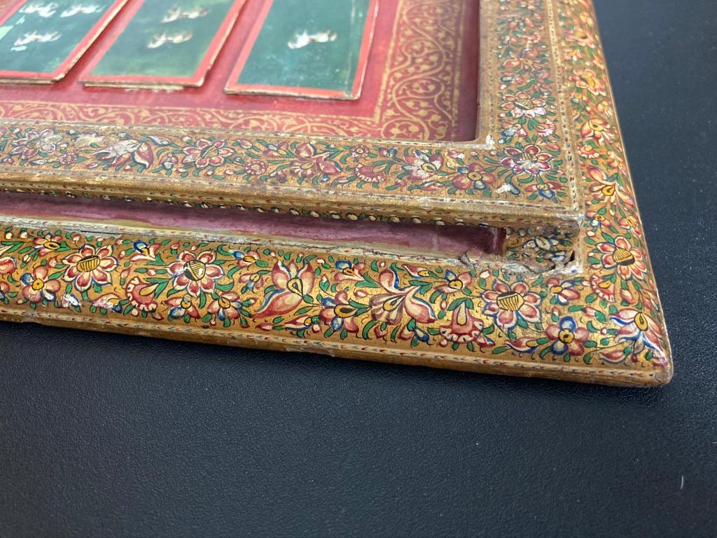 19th C Indian Mughal Painted Bone Playing Cards in Gilt Lacquered Frame 3