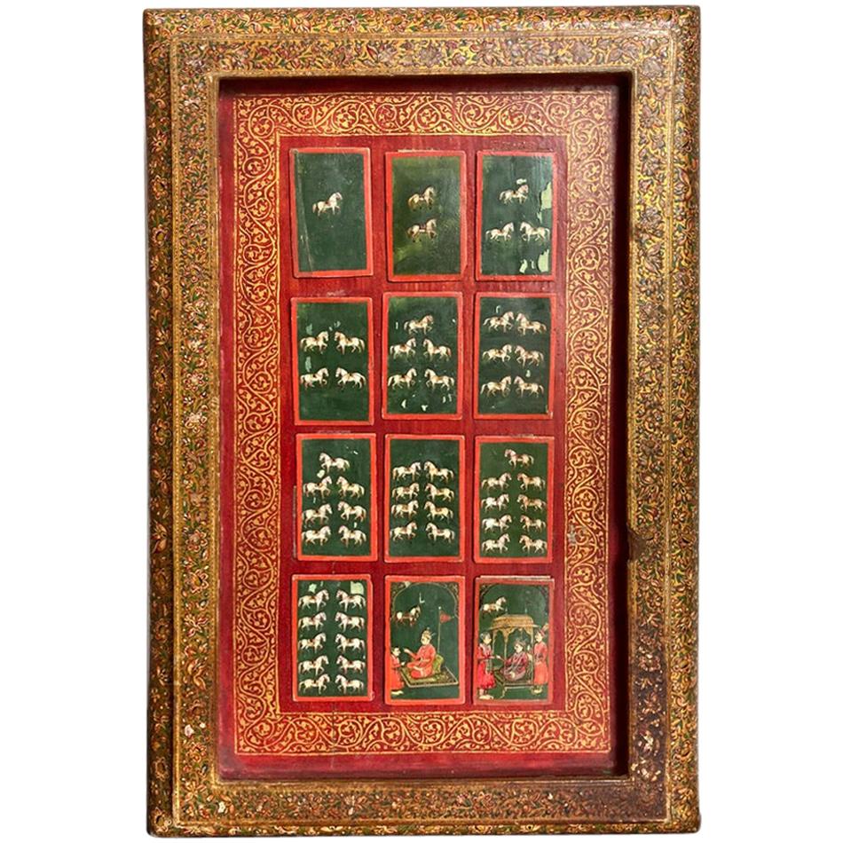 19th C Indian Mughal Painted Bone Playing Cards in Gilt Lacquered Frame