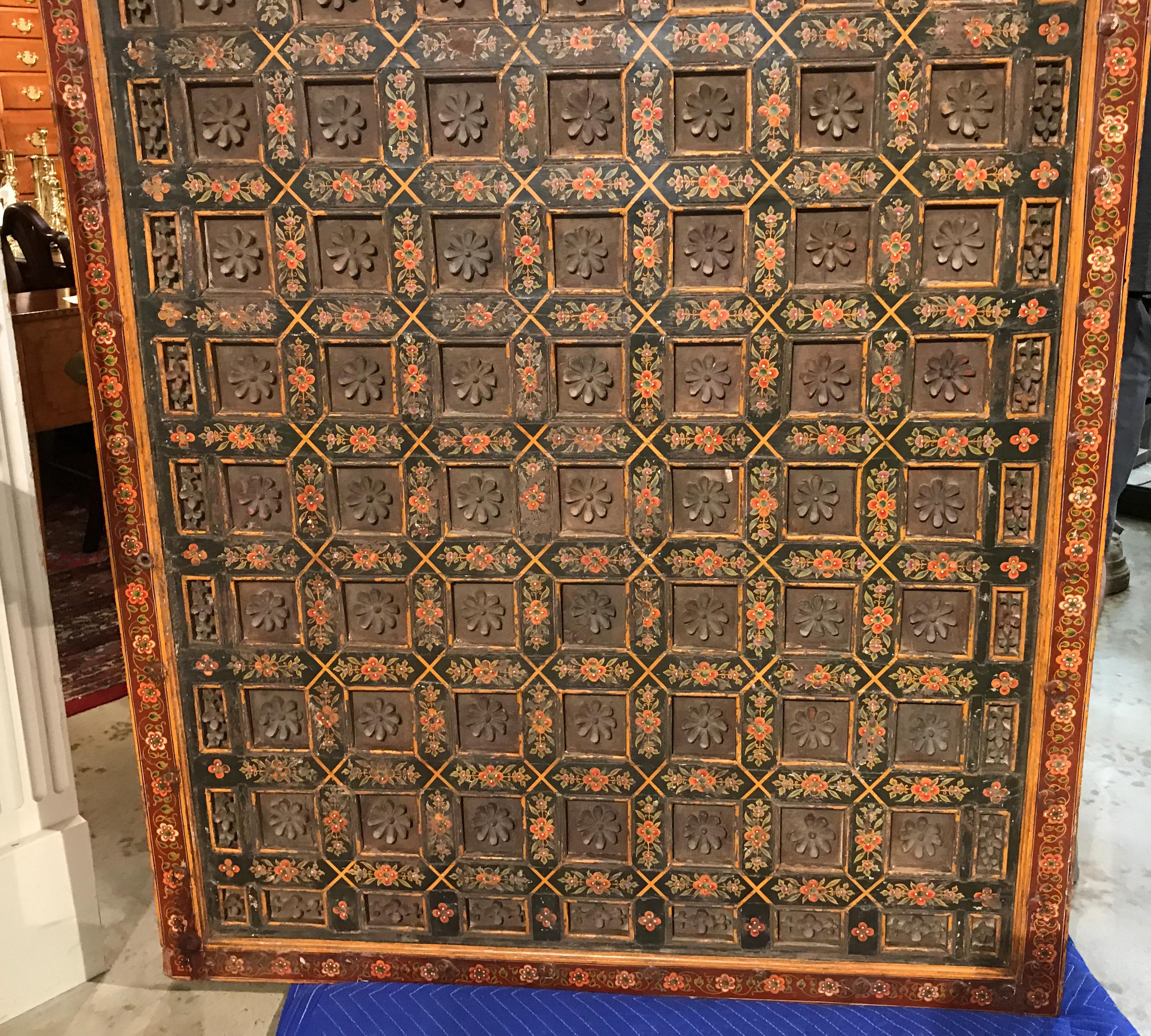 Hand-Carved Indian Polychrome Carved Architectural Ceiling Panel with Lotus Blossoms
